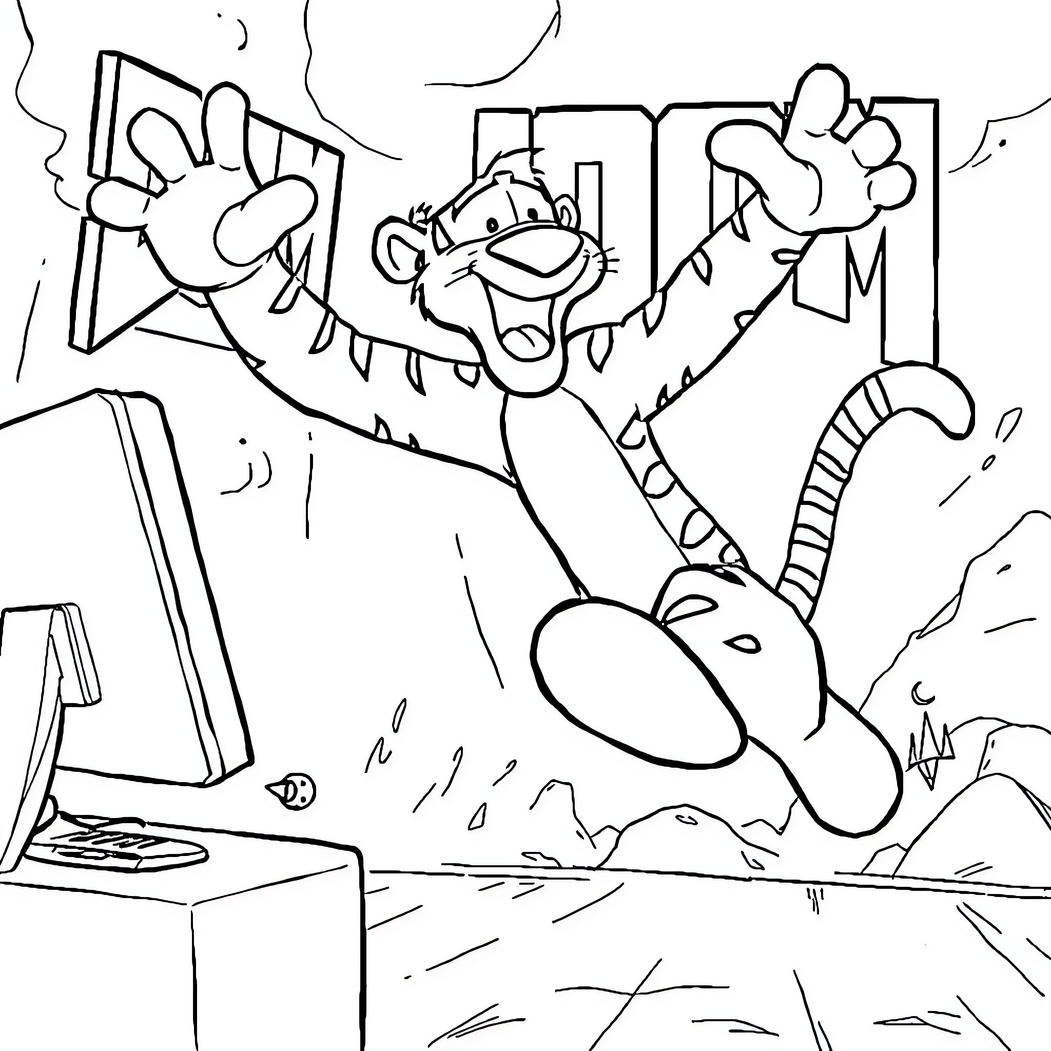 Tigger jumping excitedly through a surreal digital landscape Coloring Page (free black-and-white line drawing printable PDF for all, from beginners to advanced learners, including children, teens, adults, and seniors)