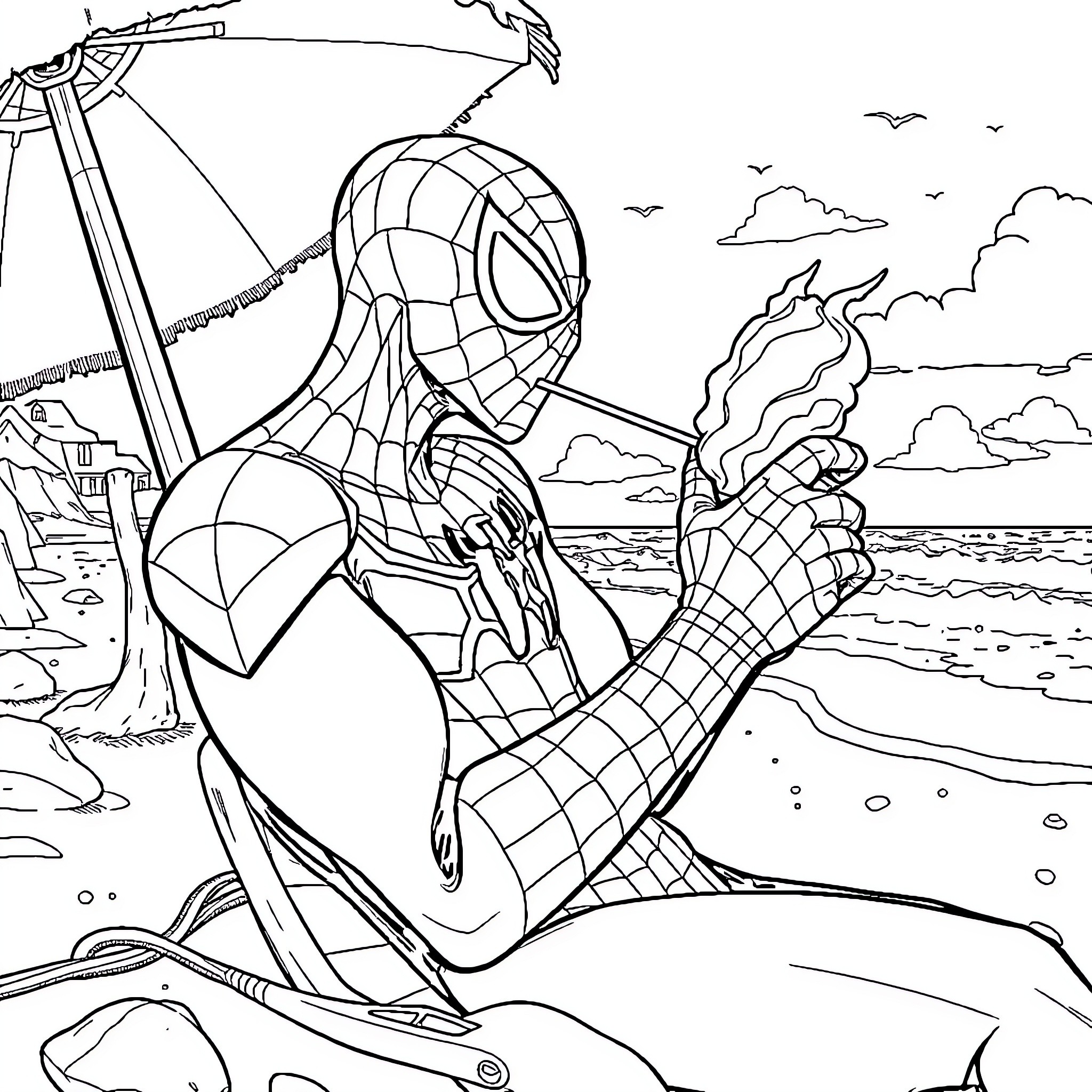 Spiderman swinging over the ocean Coloring Page (free black-and-white line drawing printable PDF for all, from beginners to advanced learners, including children, teens, adults, and seniors)