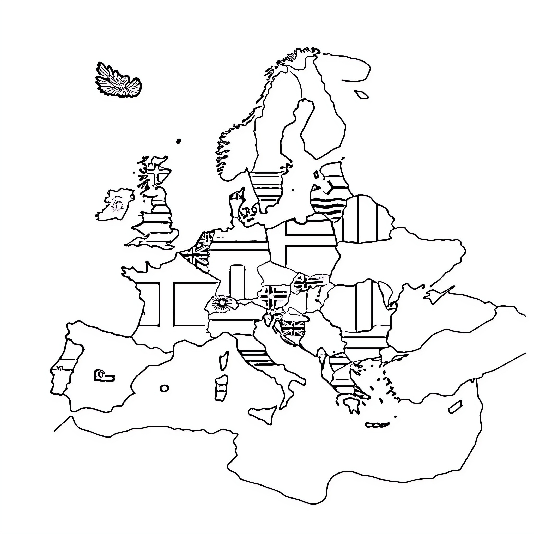 Europe outlined with national flags Coloring Page (free black-and-white line drawing printable PDF for all, from beginners to advanced learners, including children, teens, adults, and seniors)