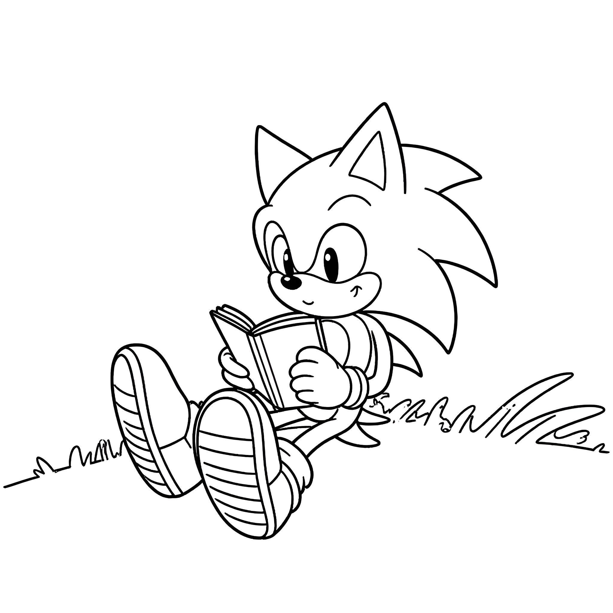 Sonic reading a book in the field Coloring Page (free black-and-white line drawing printable PDF for all, from beginners to advanced learners, including children, teens, adults, and seniors)