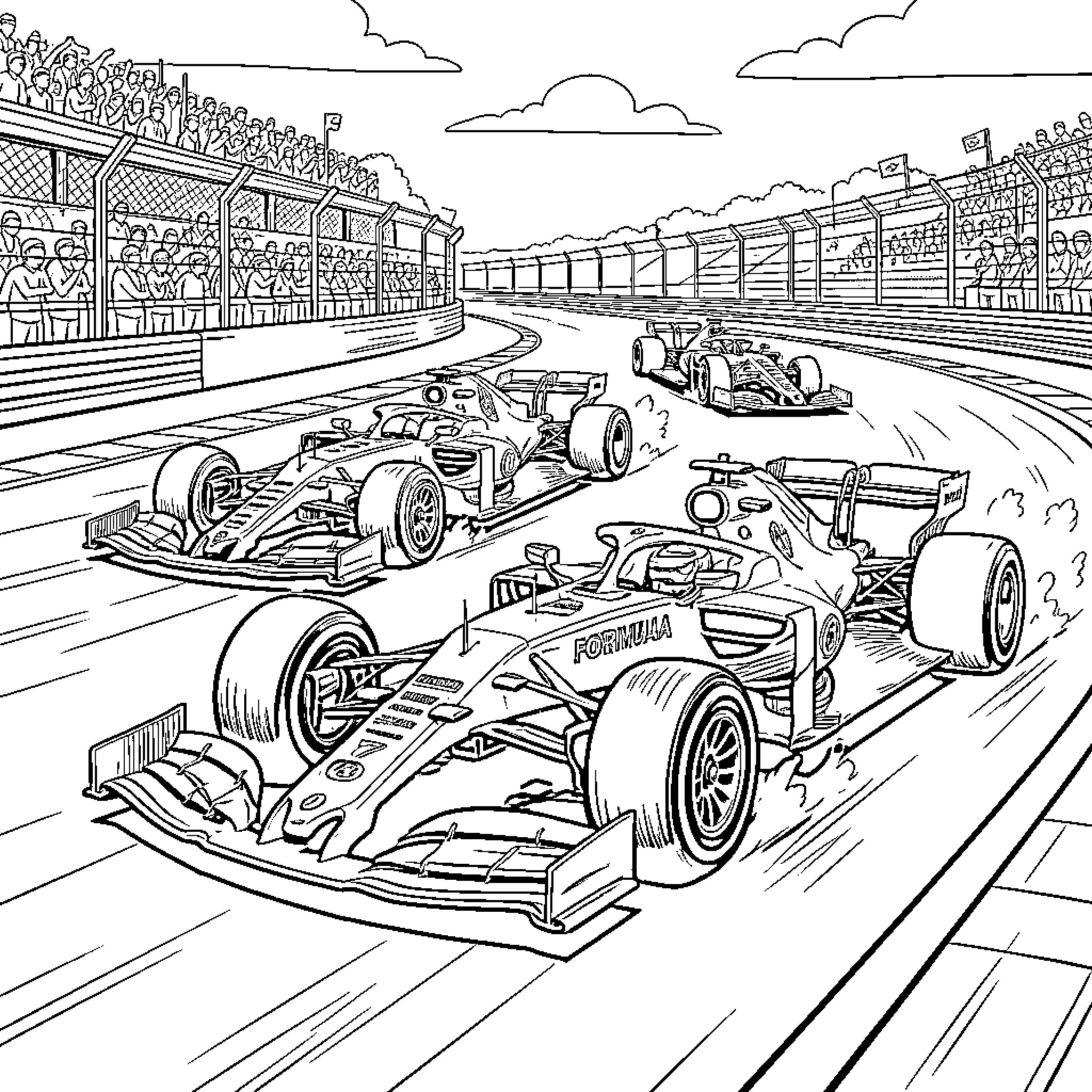 Formula 1 racing cars speeding around a track Coloring Page (free black-and-white line drawing printable PDF for all, from beginners to advanced learners, including children, teens, adults, and seniors)