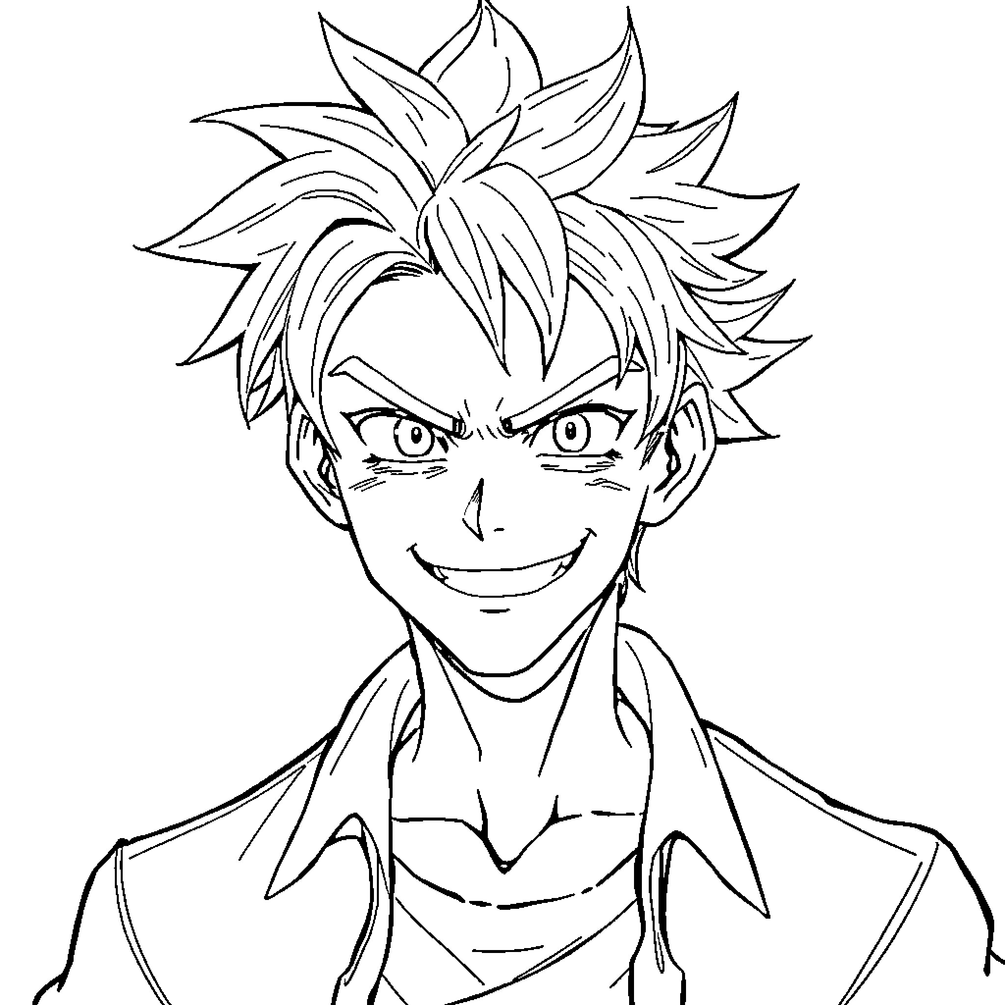 Denji's Energetic Grin and Messy Hairstyle Coloring Page (free black-and-white line drawing printable PDF for all, from beginners to advanced learners, including children, teens, adults, and seniors)