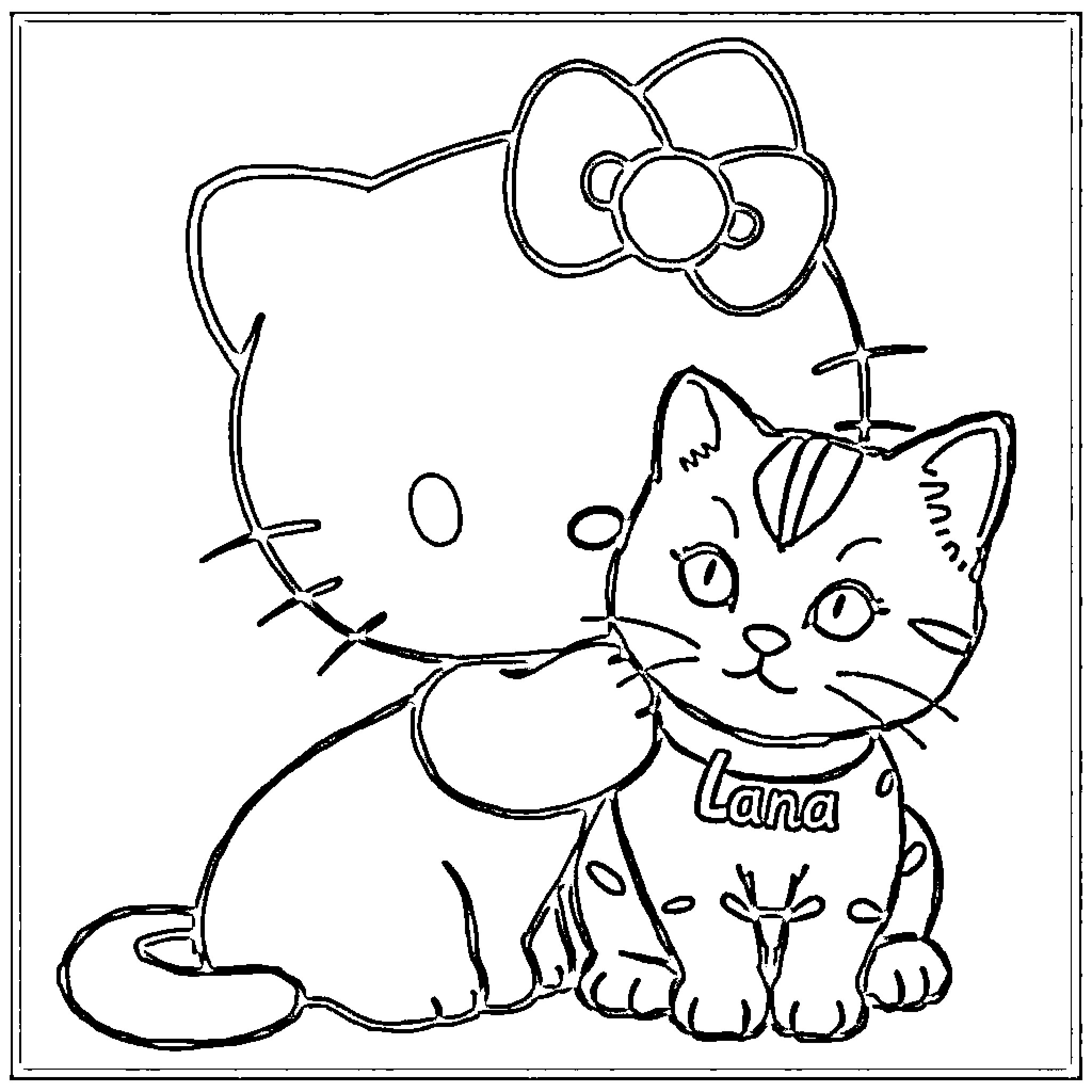 Hello Kitty with a cat friend Coloring Page (free black-and-white line drawing printable PDF for all, from beginners to advanced learners, including children, teens, adults, and seniors)