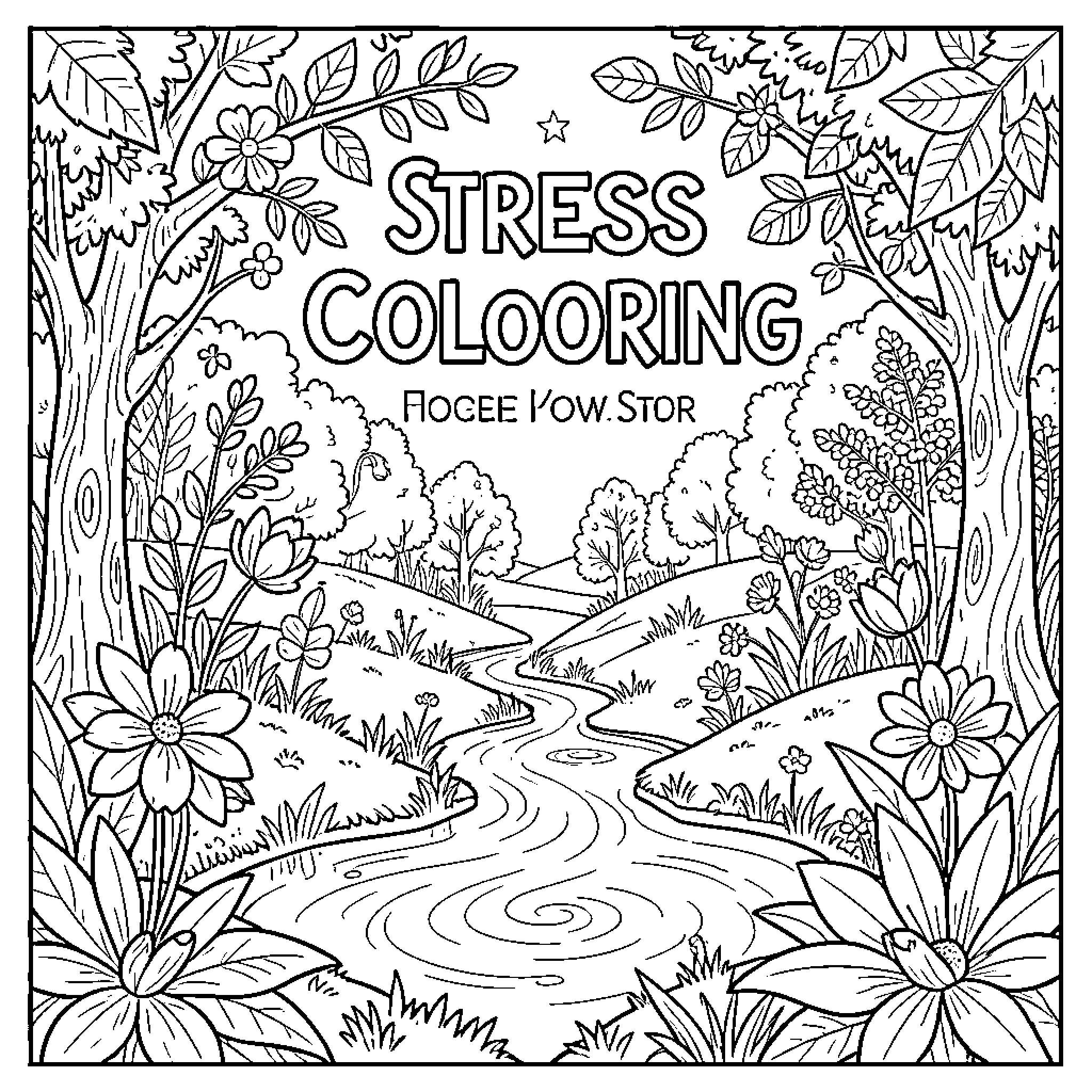 Stress Relieving Coloring Page with Serene Nature Scenery Coloring Page (free black-and-white line drawing printable PDF for all, from beginners to advanced learners, including children, teens, adults, and seniors)