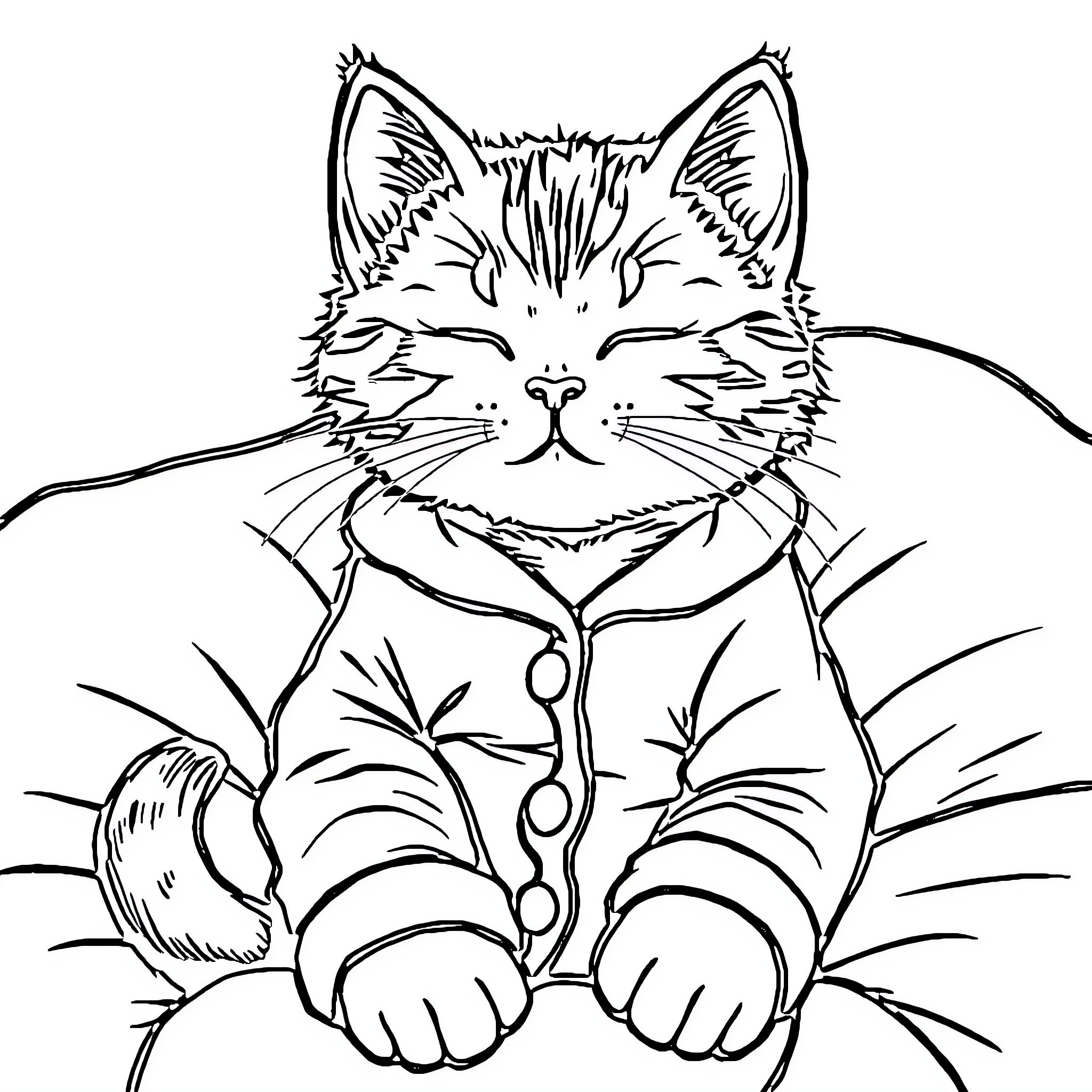 Cat in Striped Outfit Resting Contentedly Coloring Page (free black-and-white line drawing printable PDF for all, from beginners to advanced learners, including children, teens, adults, and seniors)