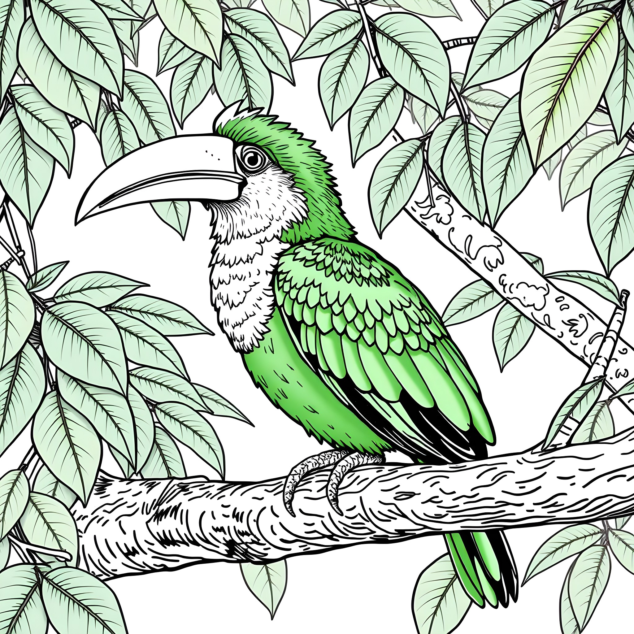 Toucanet perched amidst lush foliage Coloring Page (free black-and-white line drawing printable PDF for all, from beginners to advanced learners, including children, teens, adults, and seniors)