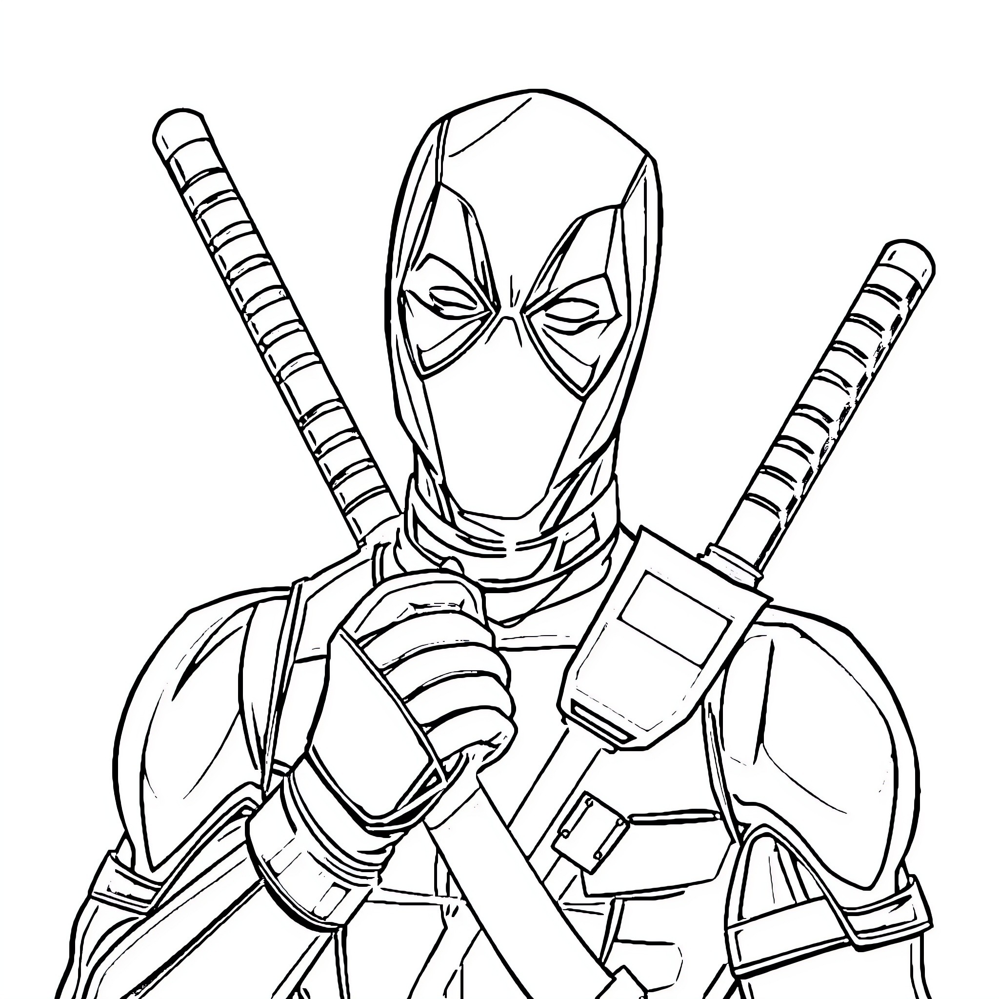 Deadpool in action with weapons Coloring Page (free black-and-white line drawing printable PDF for all, from beginners to advanced learners, including children, teens, adults, and seniors)
