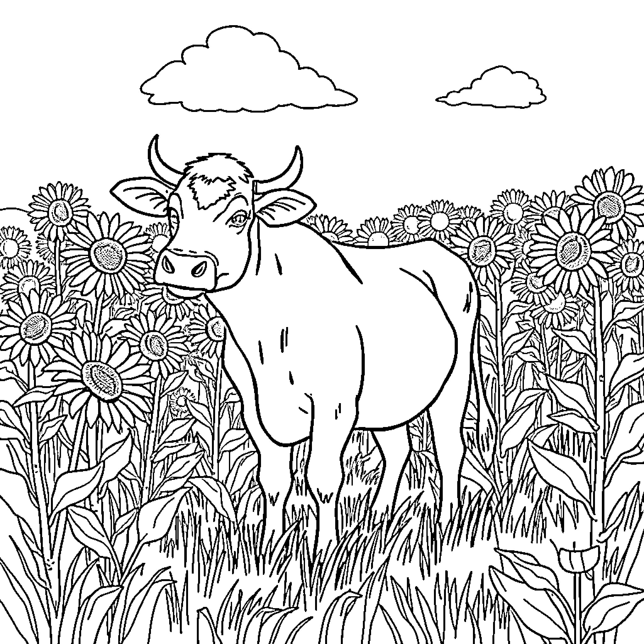 Cow standing among sunflowers in a field Coloring Page (free black-and-white line drawing printable PDF for all, from beginners to advanced learners, including children, teens, adults, and seniors)