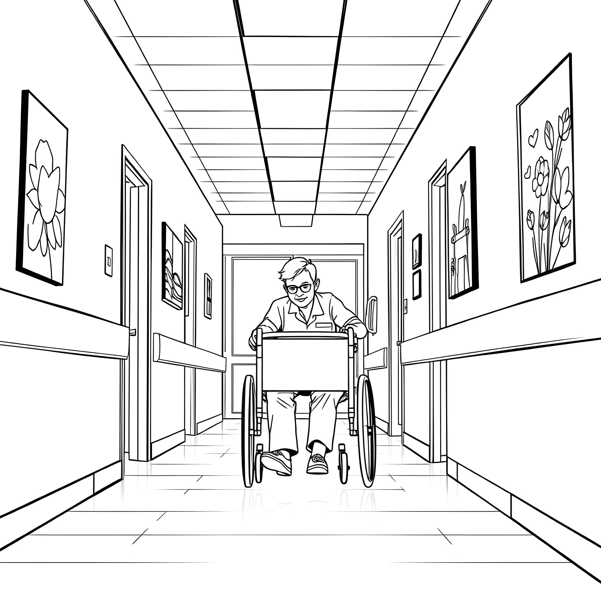 Patient in wheelchair in hospital corridor Coloring Page (free black-and-white line drawing printable PDF for all, from beginners to advanced learners, including children, teens, adults, and seniors)