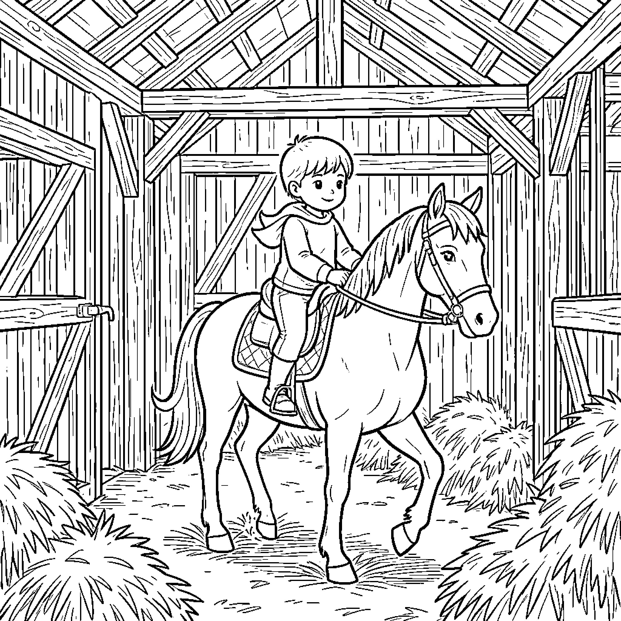 Child riding a horse in the barn Coloring Page (free black-and-white line drawing printable PDF for all, from beginners to advanced learners, including children, teens, adults, and seniors)