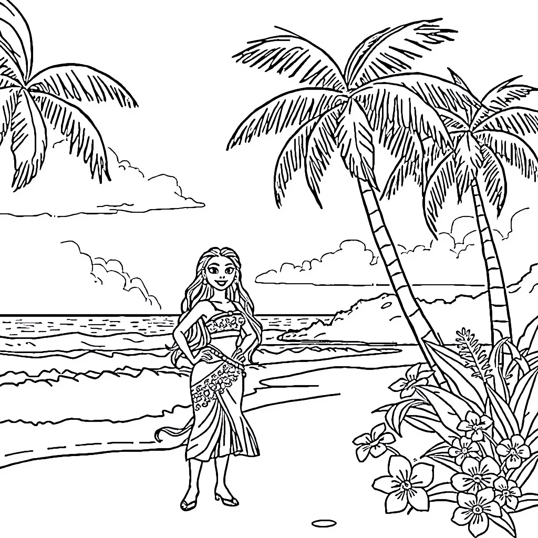 Vaiana exploring the tropical beach landscape Coloring Page (free black-and-white line drawing printable PDF for all, from beginners to advanced learners, including children, teens, adults, and seniors)