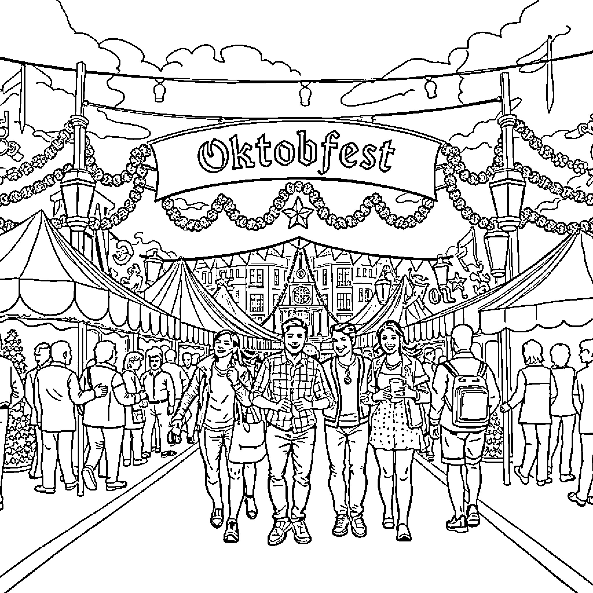 Friends enjoying the Oktobfest festivities Coloring Page (free black-and-white line drawing printable PDF for all, from beginners to advanced learners, including children, teens, adults, and seniors)