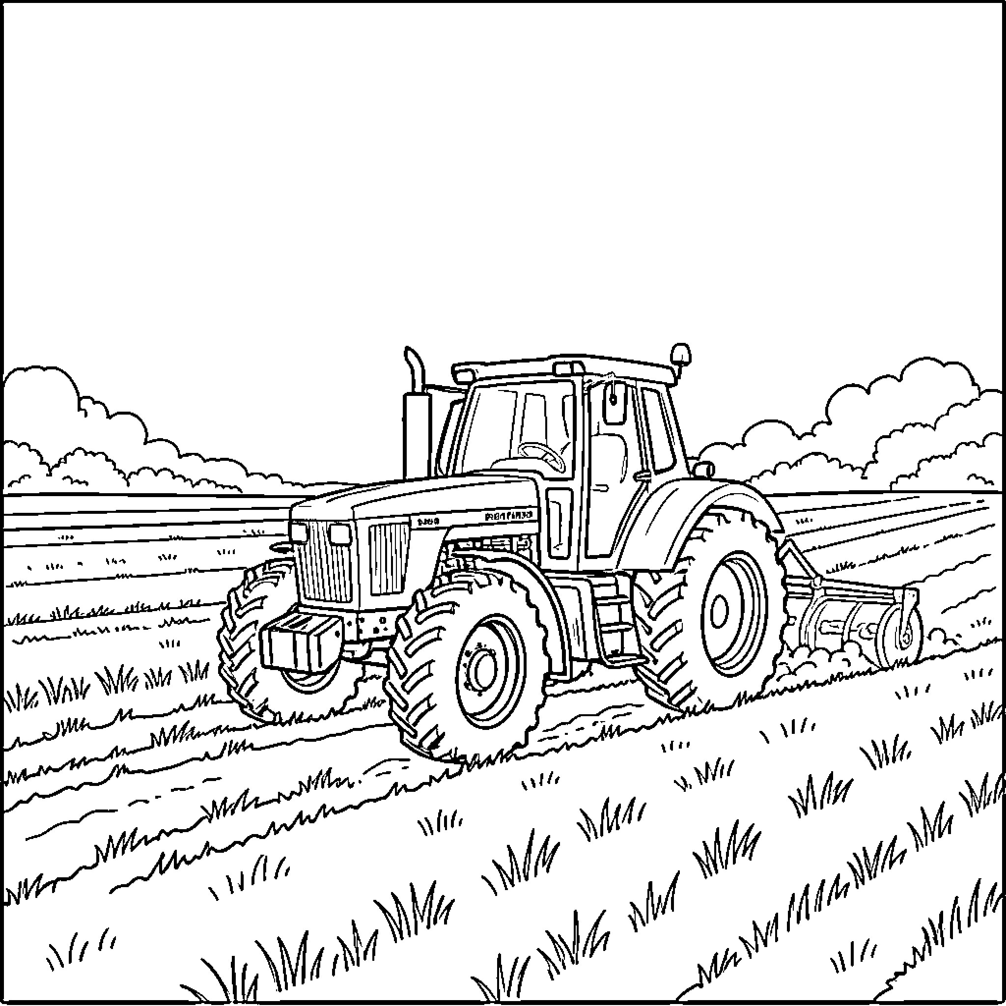 Tractor plowing through a grassy field Coloring Page (free black-and-white line drawing printable PDF for all, from beginners to advanced learners, including children, teens, adults, and seniors)