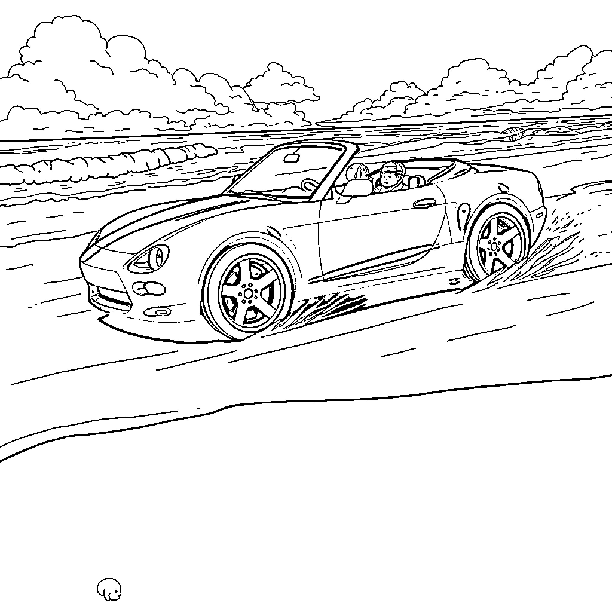 Car driving speedily on countryside road Coloring Page (free black-and-white line drawing printable PDF for all, from beginners to advanced learners, including children, teens, adults, and seniors)