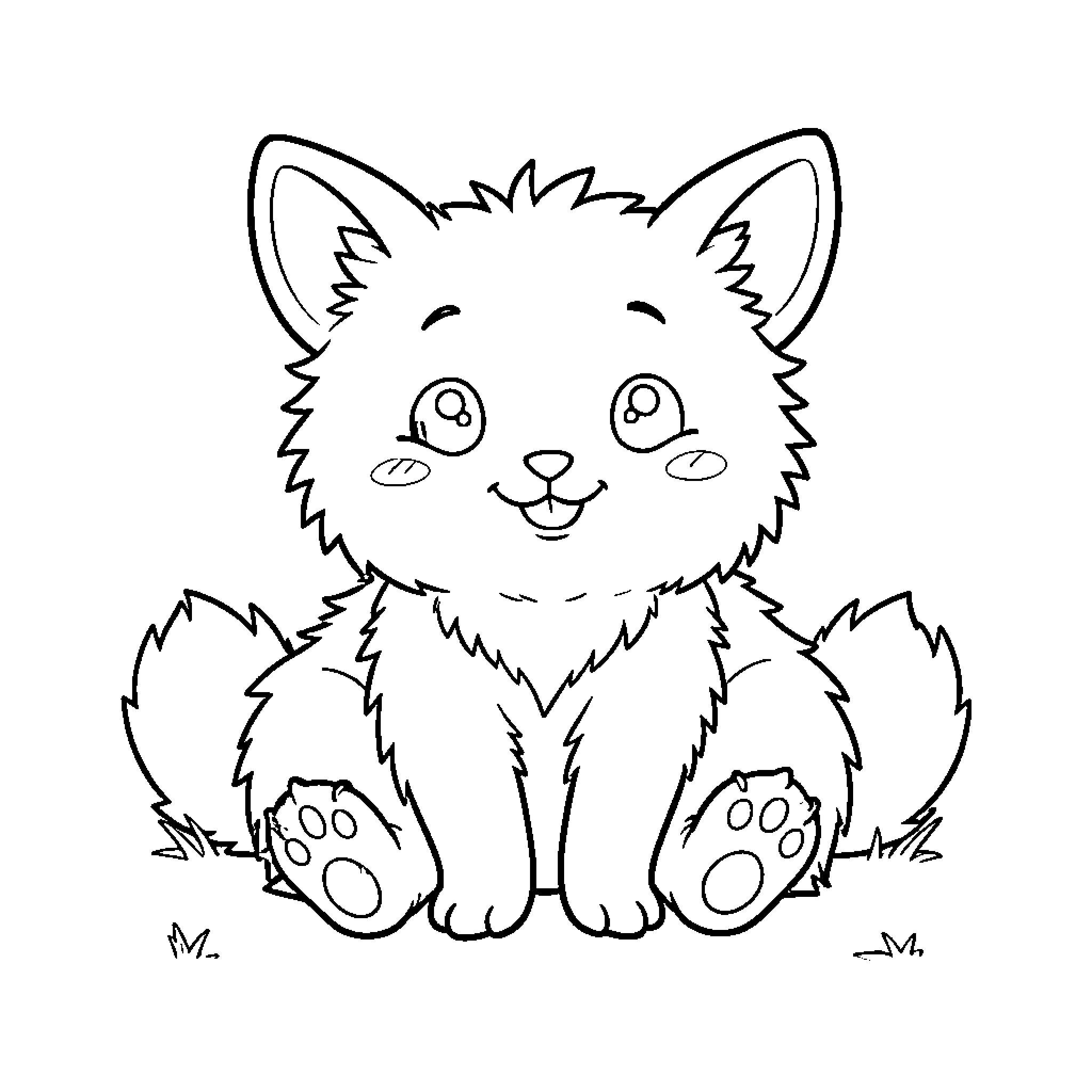 Labubu sitting happily and smiling in a meadow Coloring Page (free black-and-white line drawing printable PDF for all, from beginners to advanced learners, including children, teens, adults, and seniors)