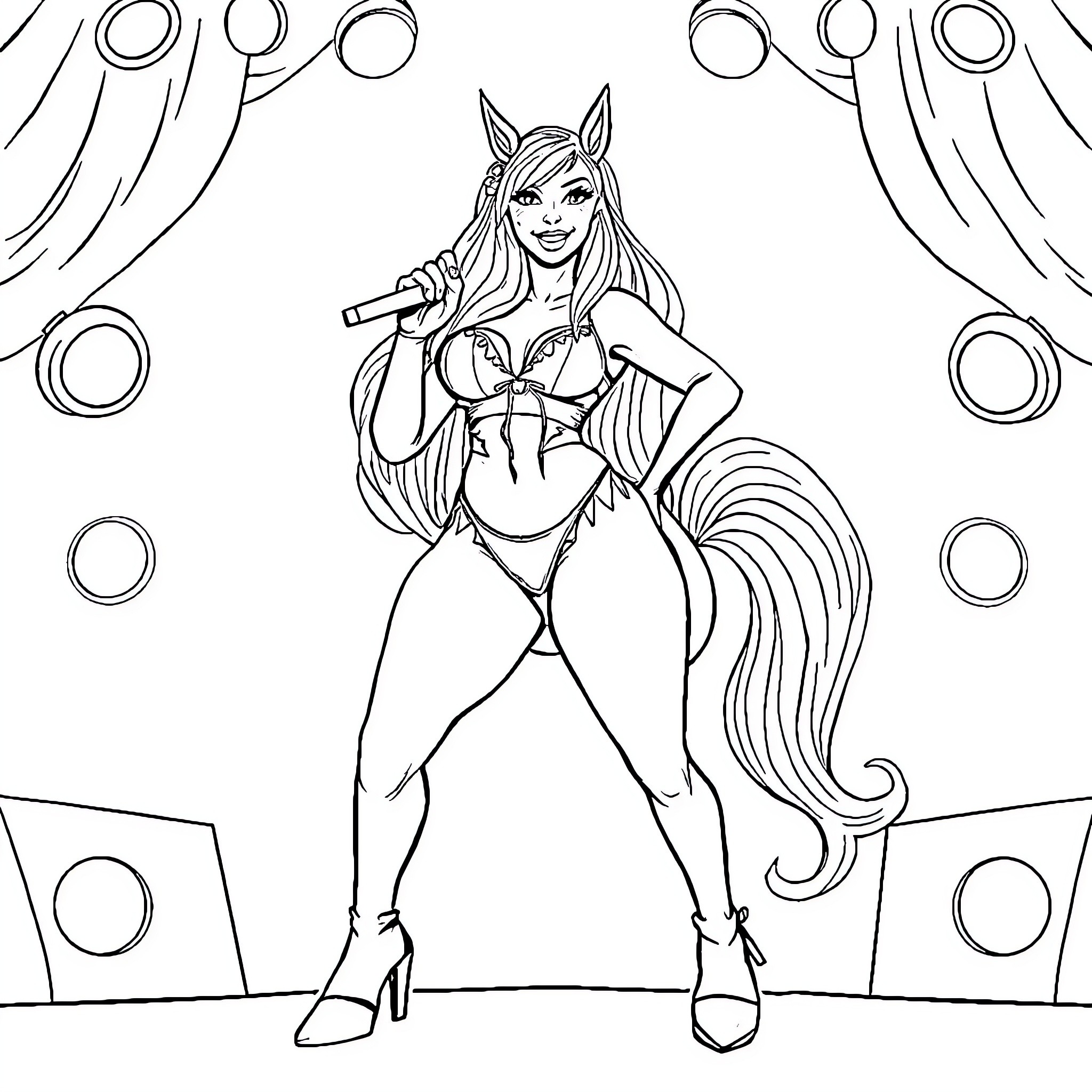 Megan The Stallion Performing on Stage Coloring Page (free black-and-white line drawing printable PDF for all, from beginners to advanced learners, including children, teens, adults, and seniors)