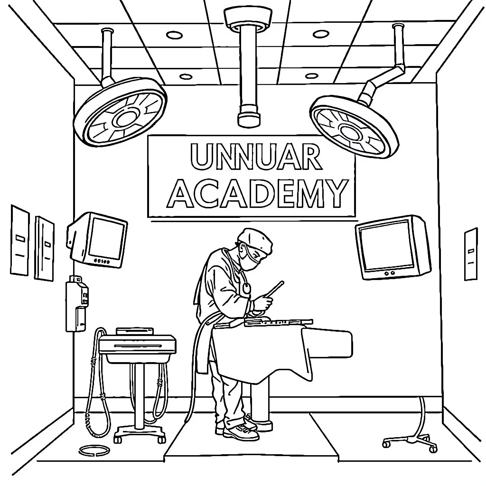 Doctor Conducts Medical Procedures at Unnuar Academy Coloring Page (free black-and-white line drawing printable PDF for all, from beginners to advanced learners, including children, teens, adults, and seniors)