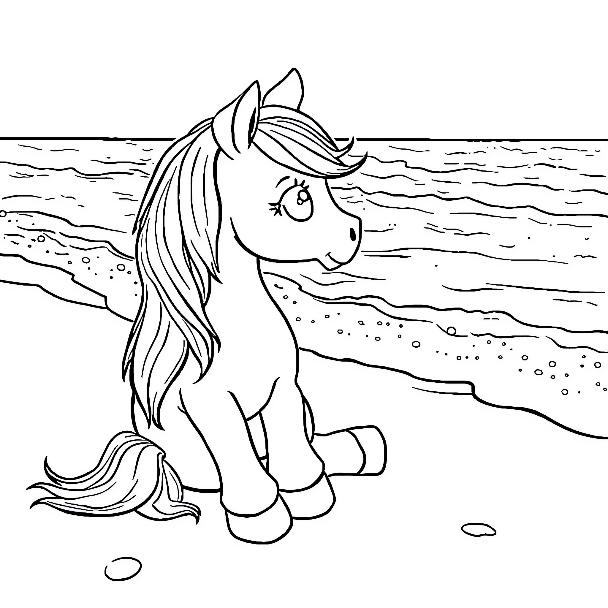 Pony sitting by the ocean Coloring Page (free black-and-white line drawing printable PDF for all, from beginners to advanced learners, including children, teens, adults, and seniors)