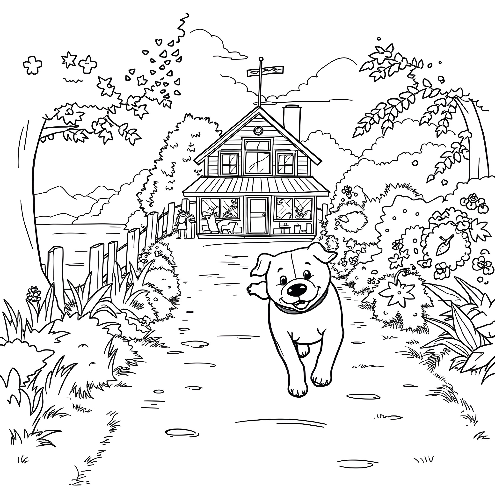 Dog Exploring the Cozy Cottage in the Woods Coloring Page (free black-and-white line drawing printable PDF for all, from beginners to advanced learners, including children, teens, adults, and seniors)