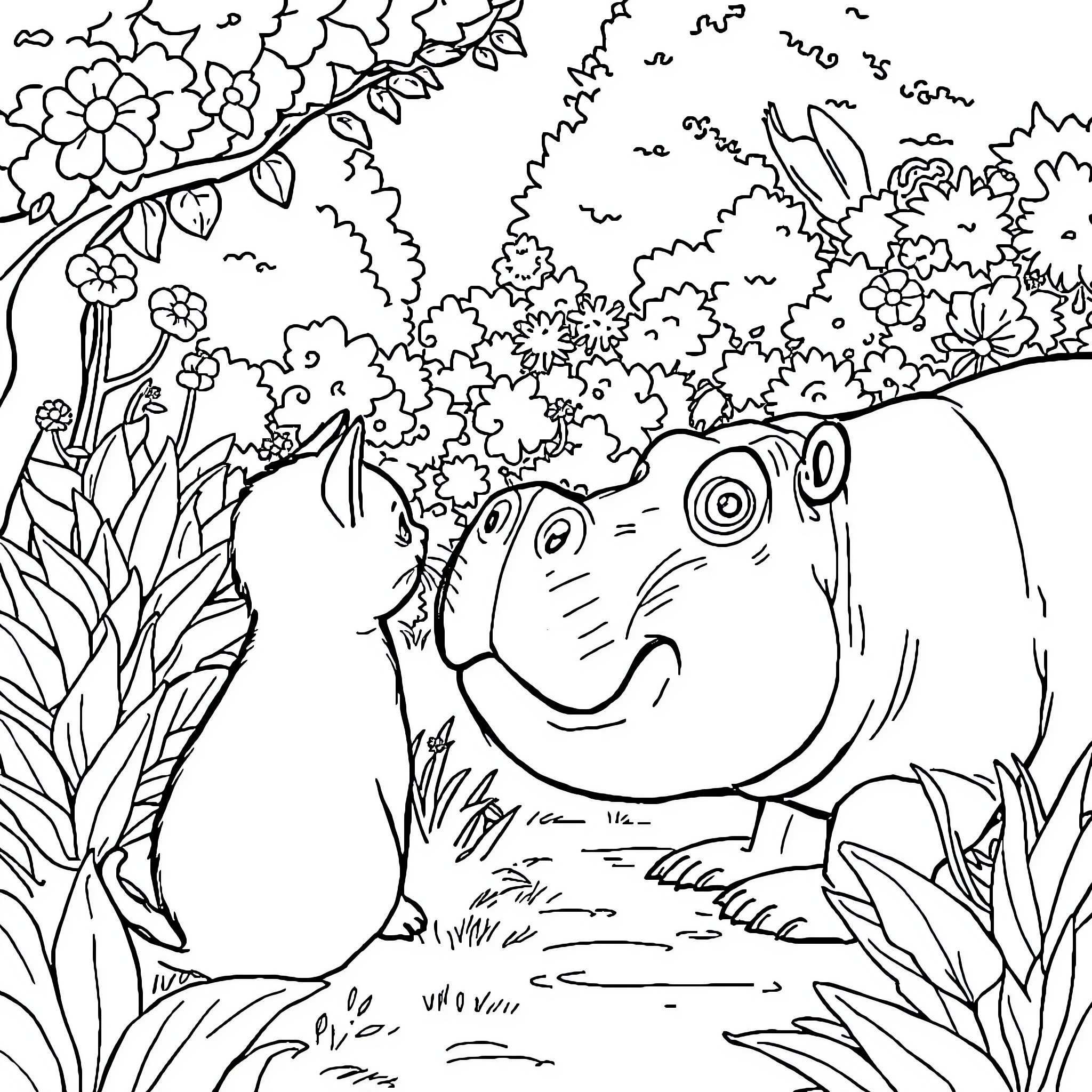Chat with Friendly Forest Creatures Coloring Page (free black-and-white line drawing printable PDF for all, from beginners to advanced learners, including children, teens, adults, and seniors)