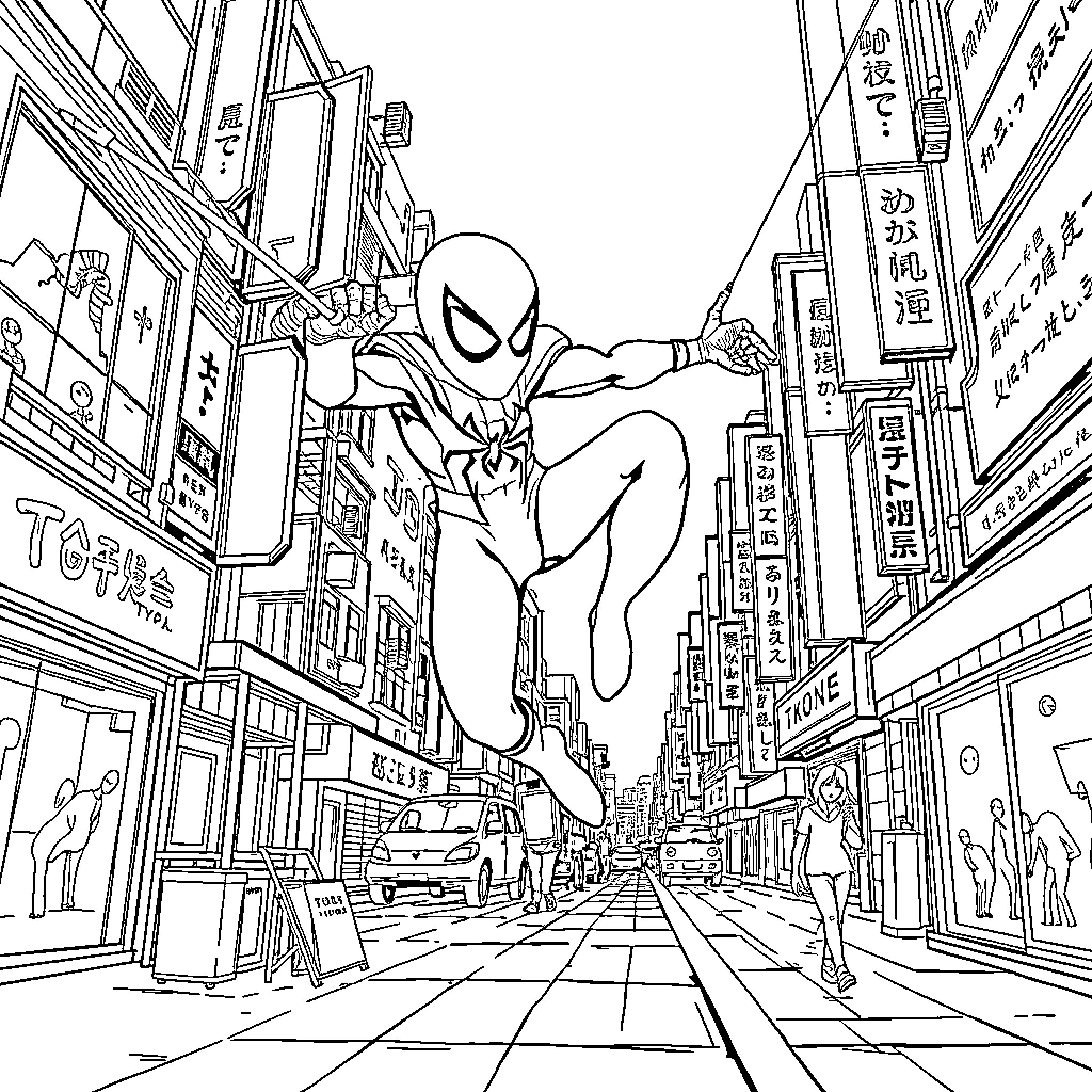 Spider-Man swinging through the city Coloring Page (free black-and-white line drawing printable PDF for all, from beginners to advanced learners, including children, teens, adults, and seniors)