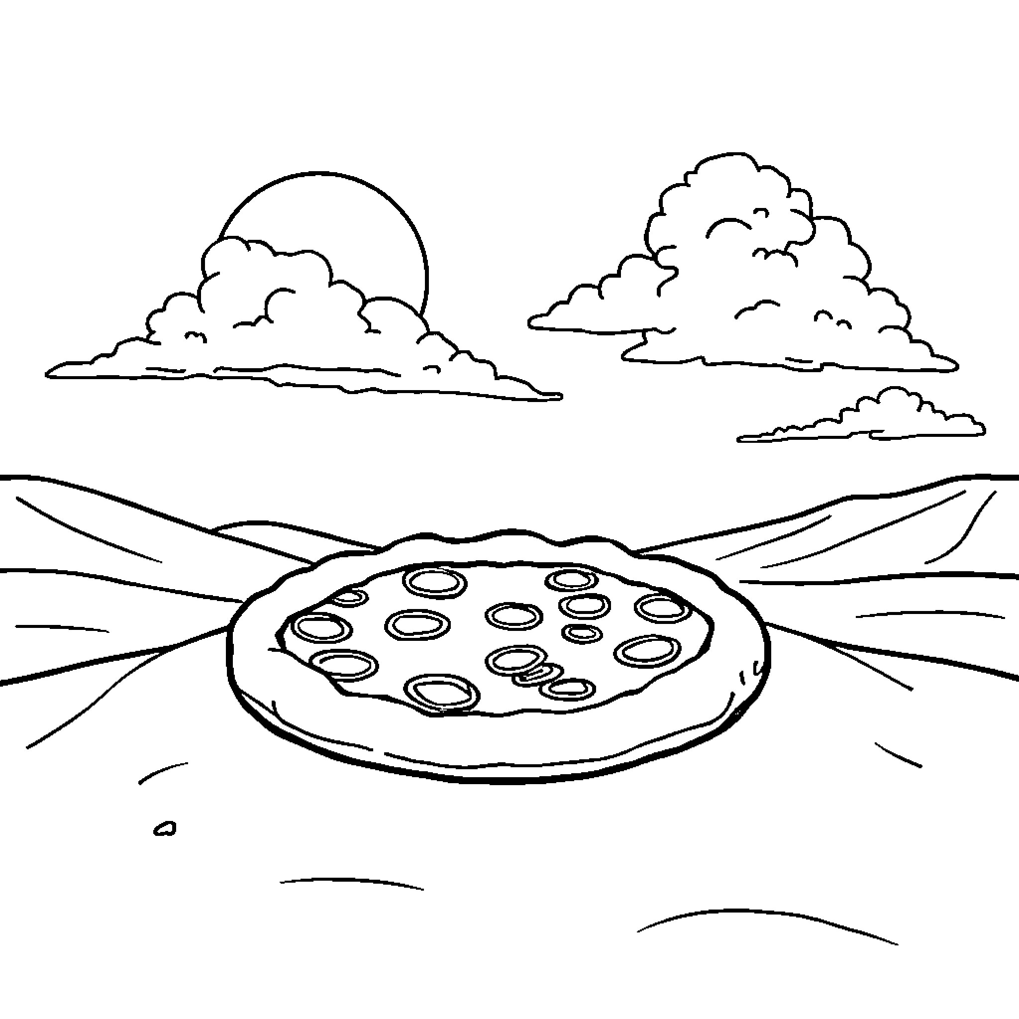 Pizza in a Scenic Landscape Coloring Page (free black-and-white line drawing printable PDF for all, from beginners to advanced learners, including children, teens, adults, and seniors)