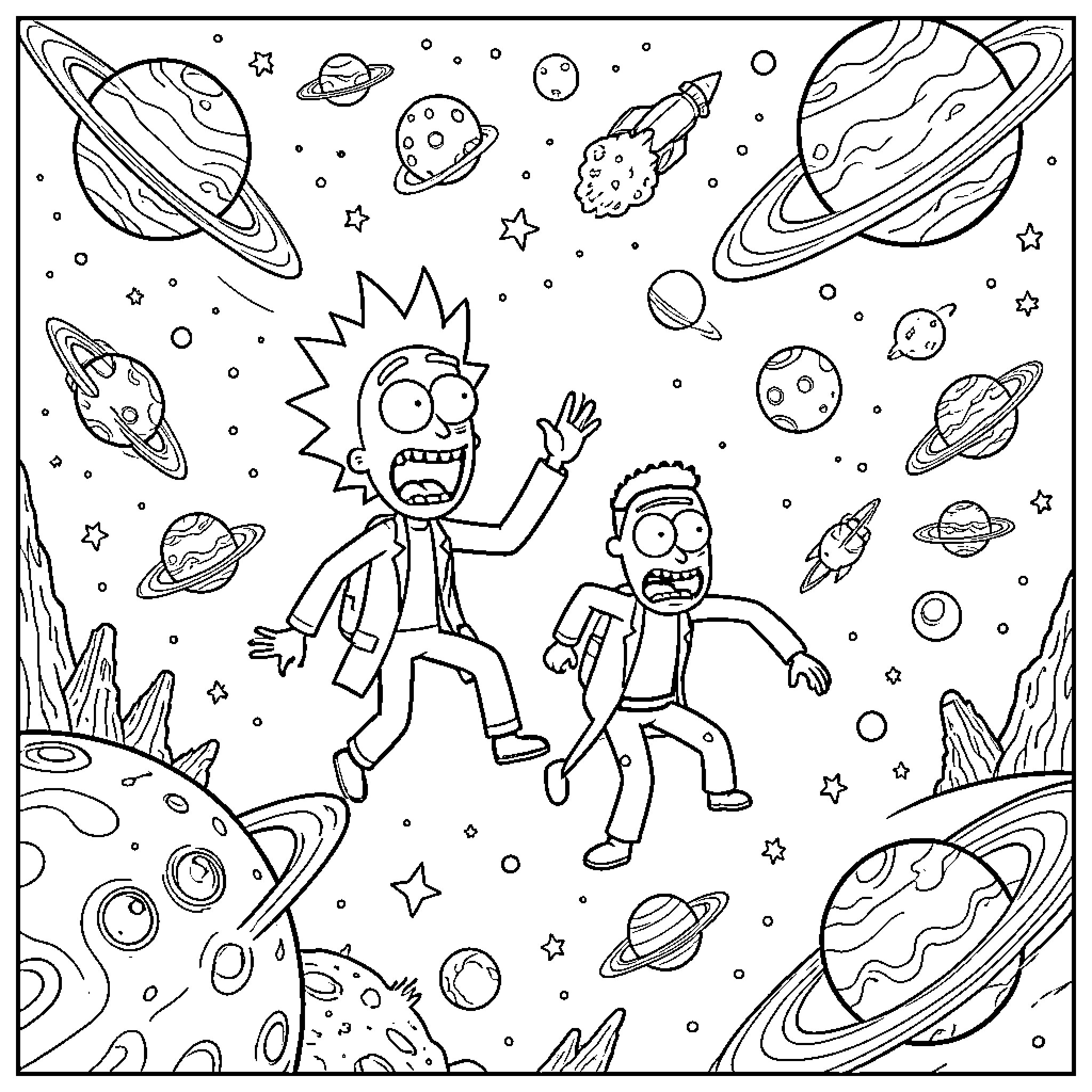 Rick And Morty Explore Cosmic Wonders in Space Coloring Page (free black-and-white line drawing printable PDF for all, from beginners to advanced learners, including children, teens, adults, and seniors)