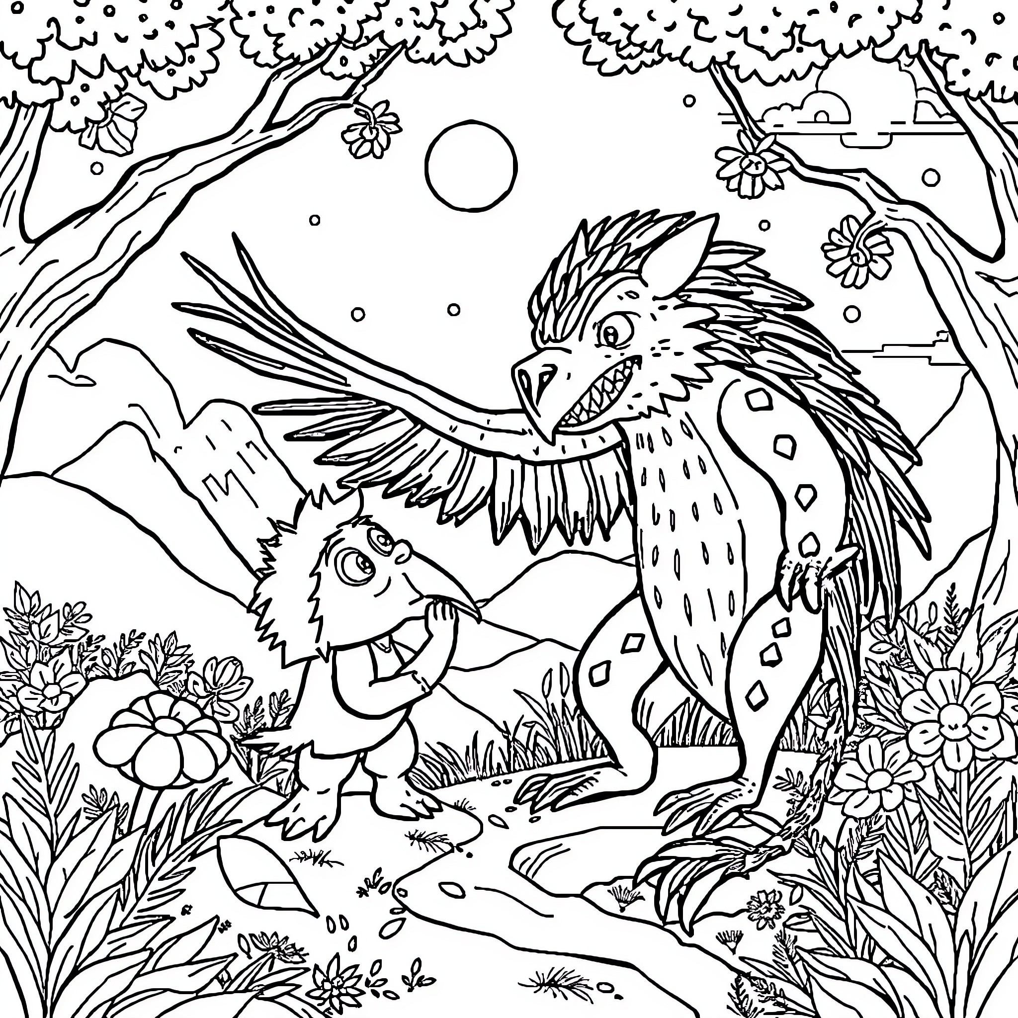 Otorongo Exploring the Enchanted Forest Coloring Page (free black-and-white line drawing printable PDF for all, from beginners to advanced learners, including children, teens, adults, and seniors)