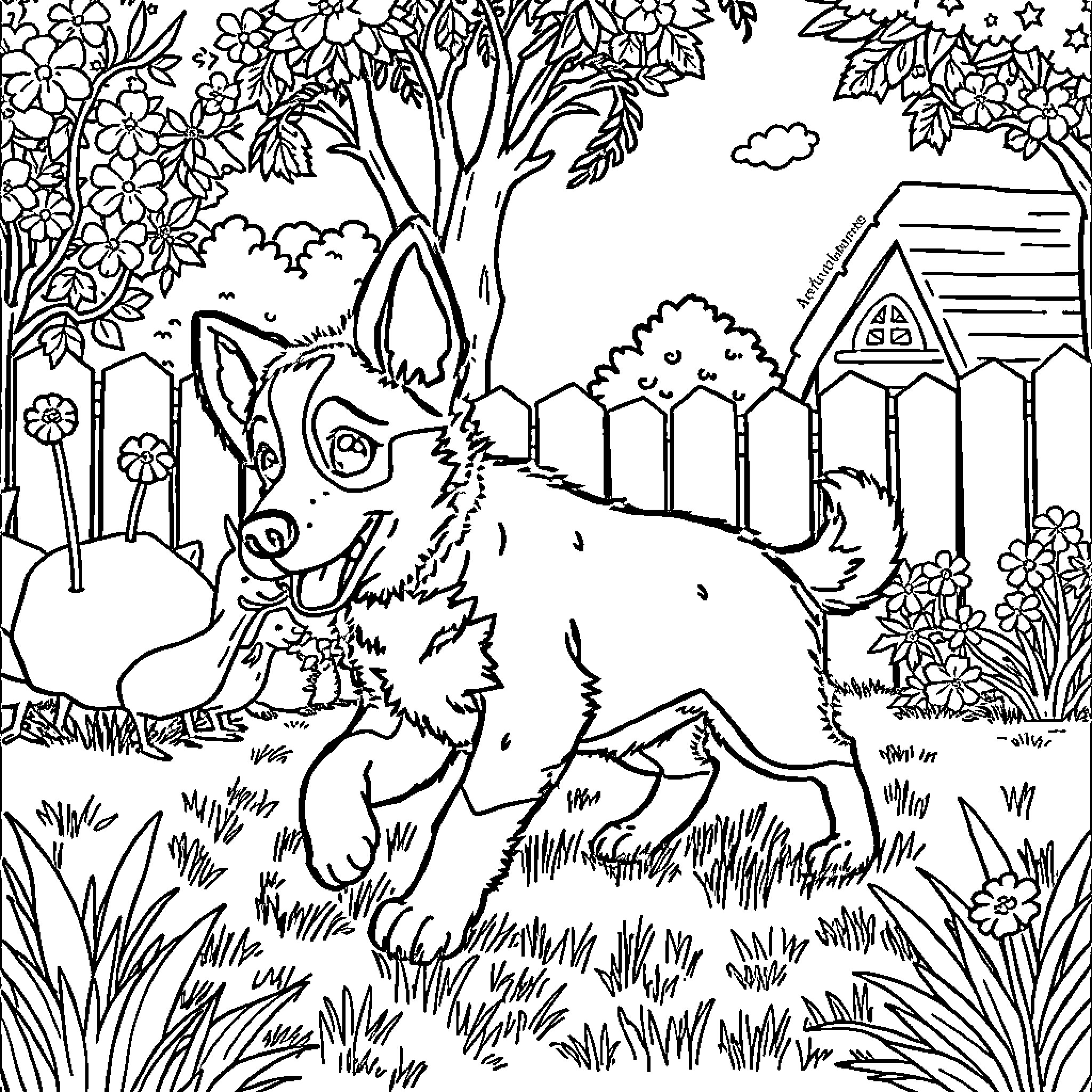 Bluey playing in a lush garden scene Coloring Page (free black-and-white line drawing printable PDF for all, from beginners to advanced learners, including children, teens, adults, and seniors)