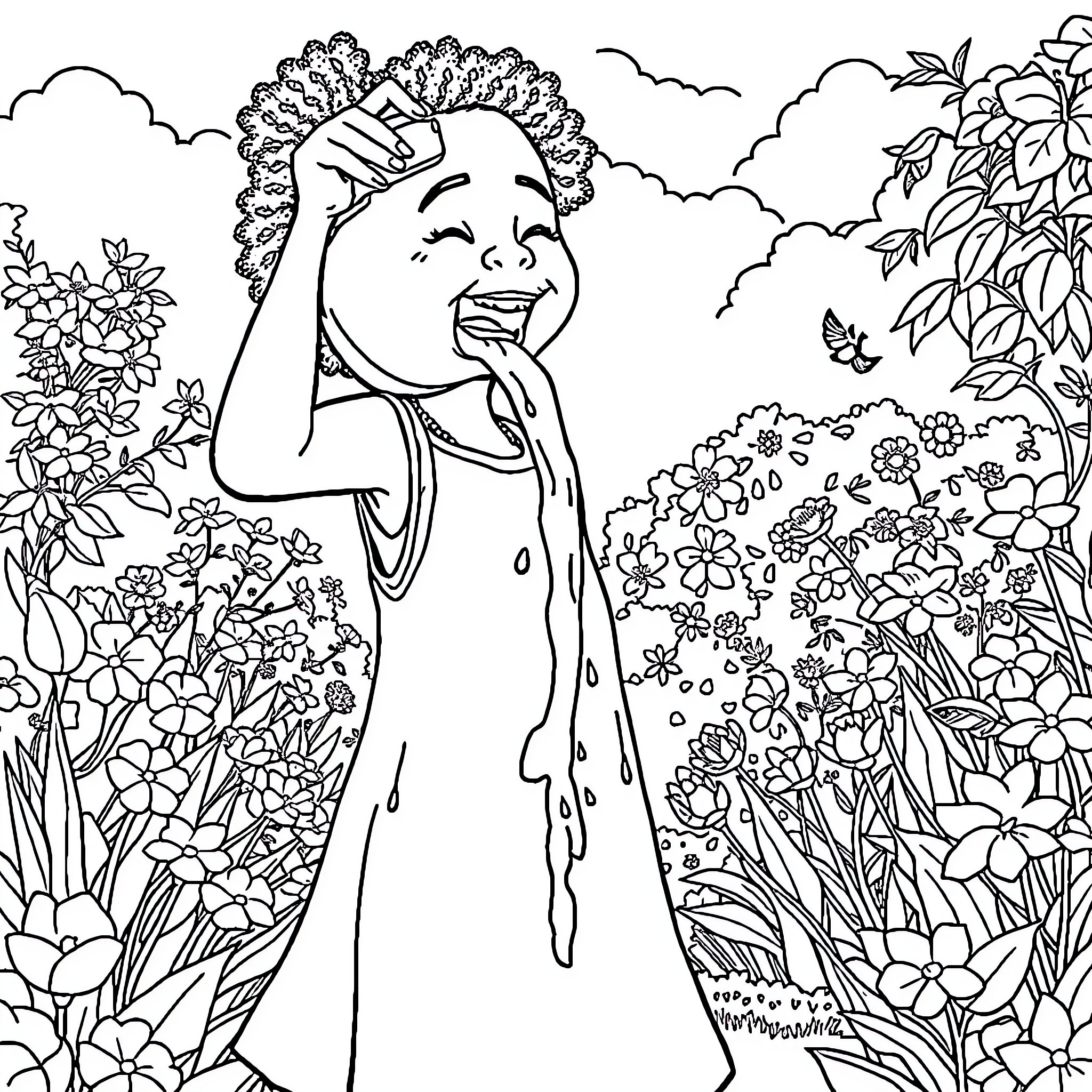 Girl playing joyfully in a vibrant garden Coloring Page (free black-and-white line drawing printable PDF for all, from beginners to advanced learners, including children, teens, adults, and seniors)