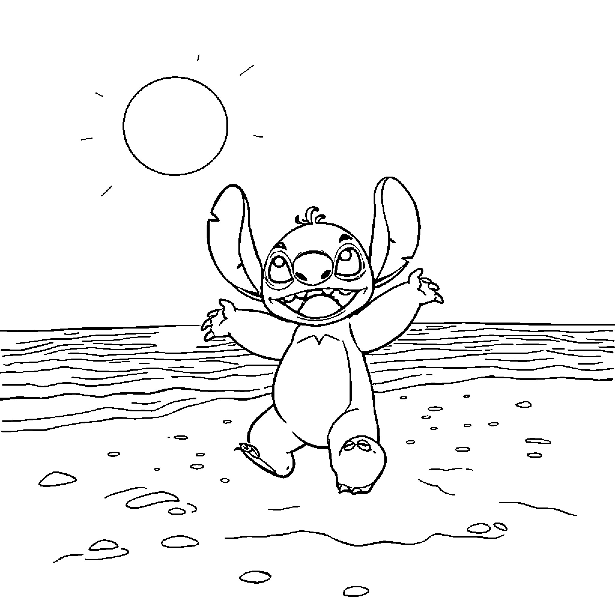 Stitch playing joyfully on the beach Coloring Page (free black-and-white line drawing printable PDF for all, from beginners to advanced learners, including children, teens, adults, and seniors)
