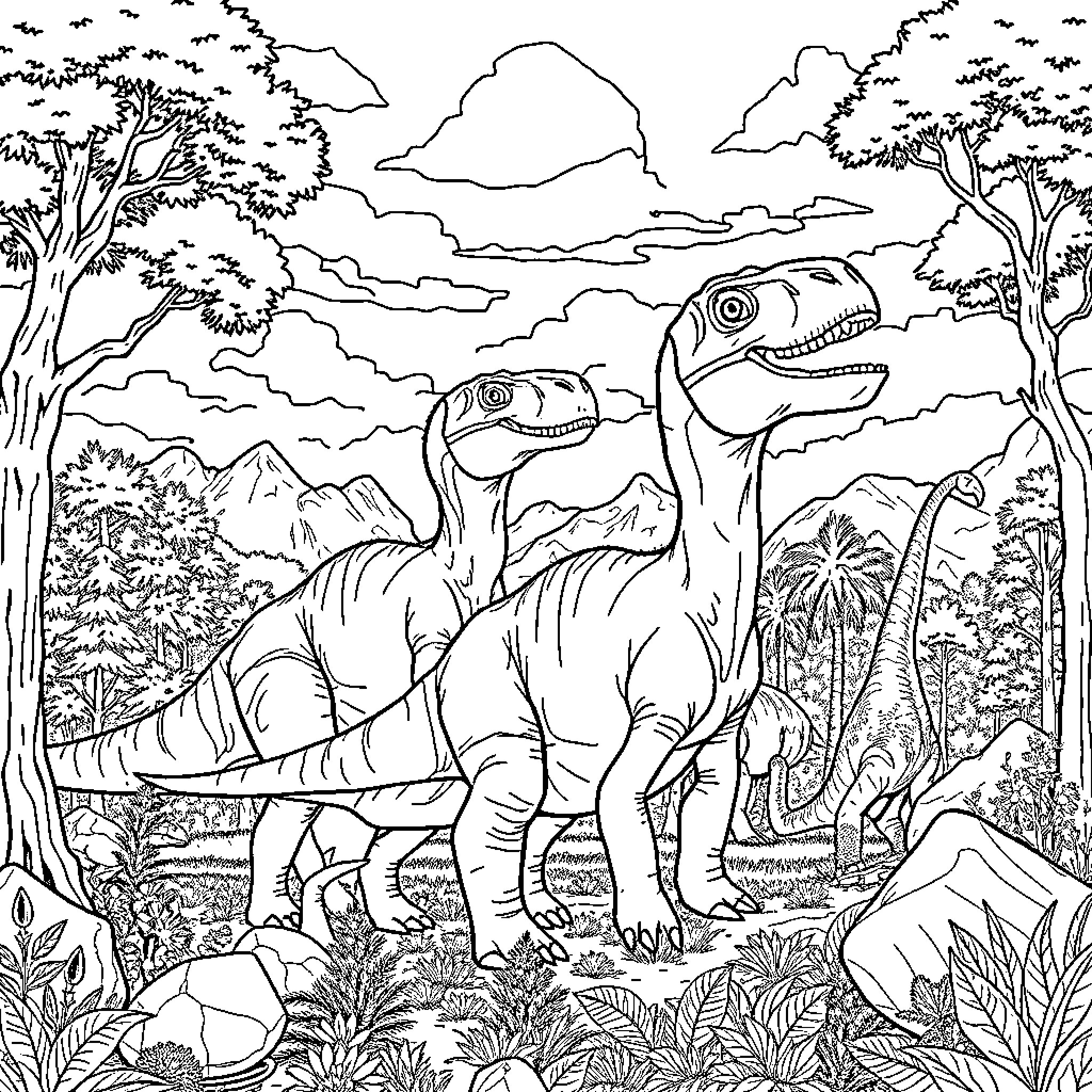 Dinosaurs roaming in prehistoric forest landscape Coloring Page (free black-and-white line drawing printable PDF for all, from beginners to advanced learners, including children, teens, adults, and seniors)