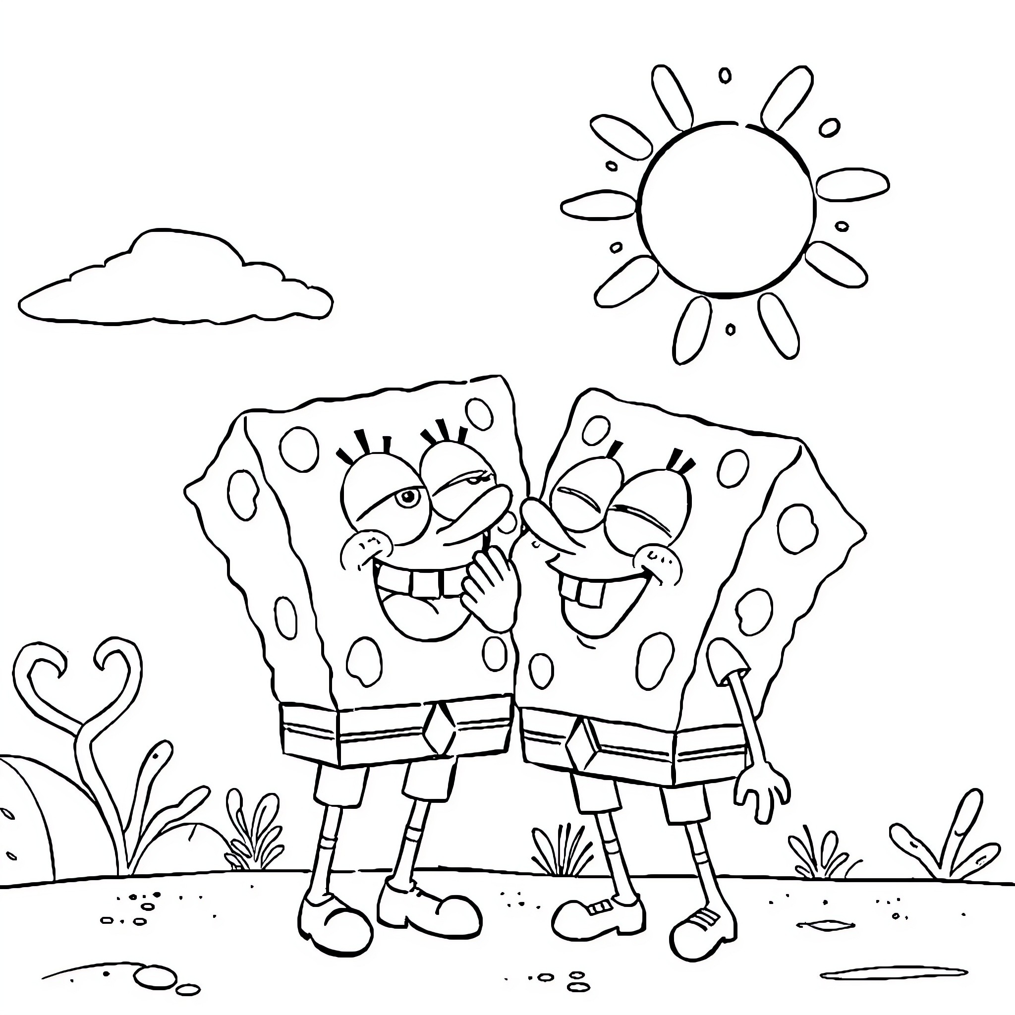 Spongebob and Patrick in a cheerful landscape Coloring Page (free black-and-white line drawing printable PDF for all, from beginners to advanced learners, including children, teens, adults, and seniors)