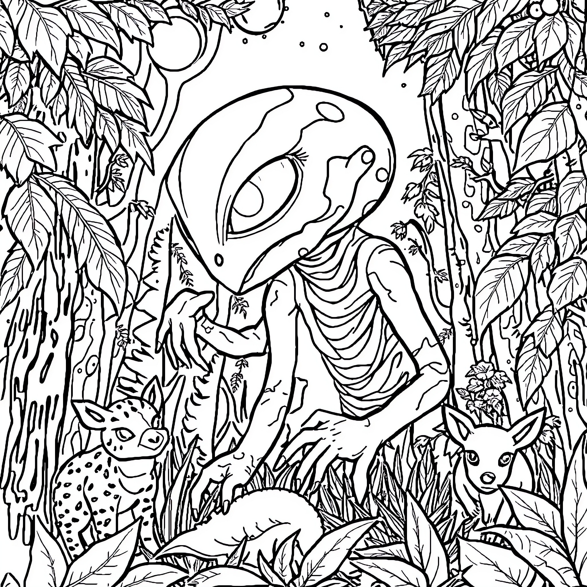 Alien exploring the enchanted forest with fantastical creatures Coloring Page (free black-and-white line drawing printable PDF for all, from beginners to advanced learners, including children, teens, adults, and seniors)