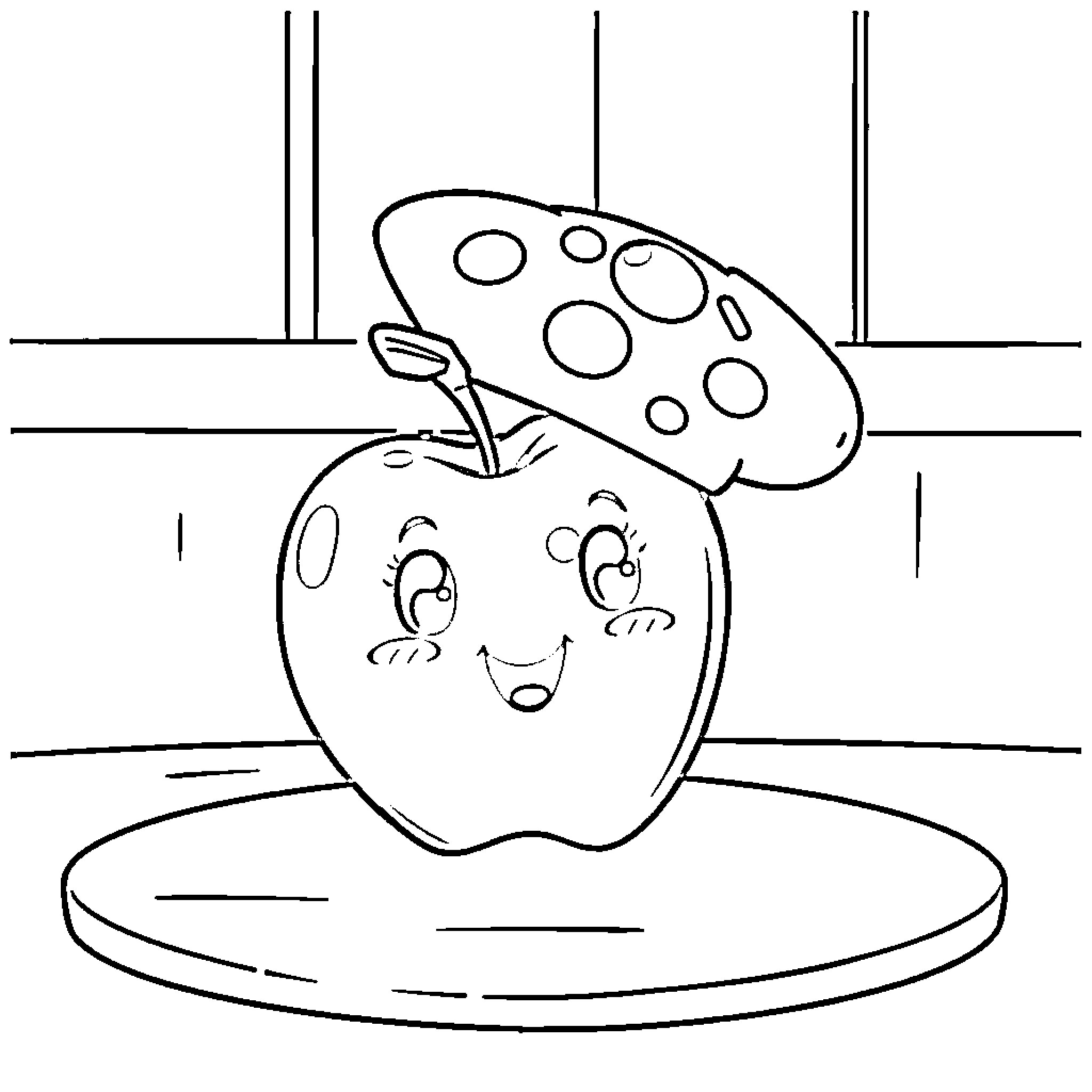 Apple with a Mushroom Hat Coloring Page (free black-and-white line drawing printable PDF for all, from beginners to advanced learners, including children, teens, adults, and seniors)