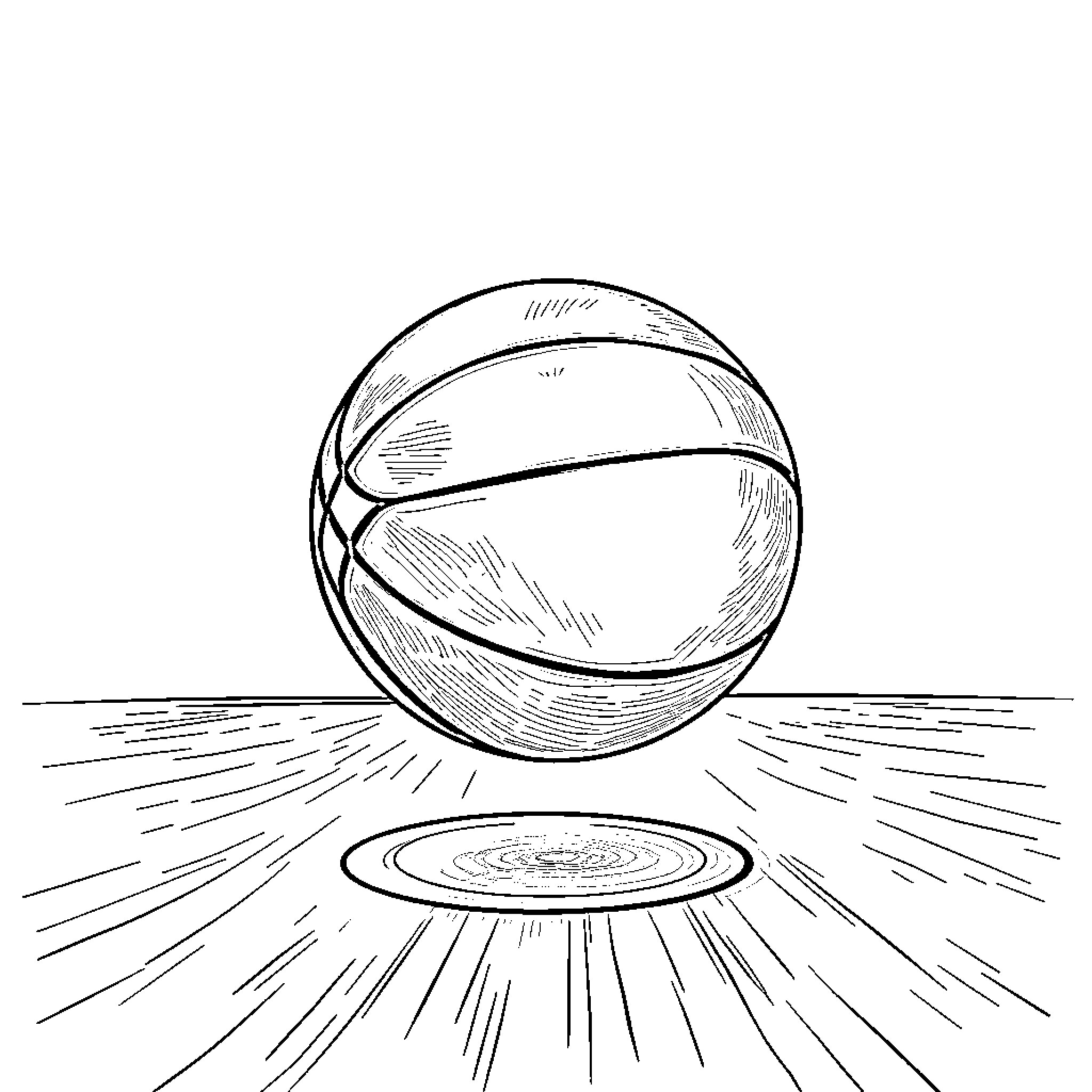 Basketball hovering above a radiant surface Coloring Page (free black-and-white line drawing printable PDF for all, from beginners to advanced learners, including children, teens, adults, and seniors)
