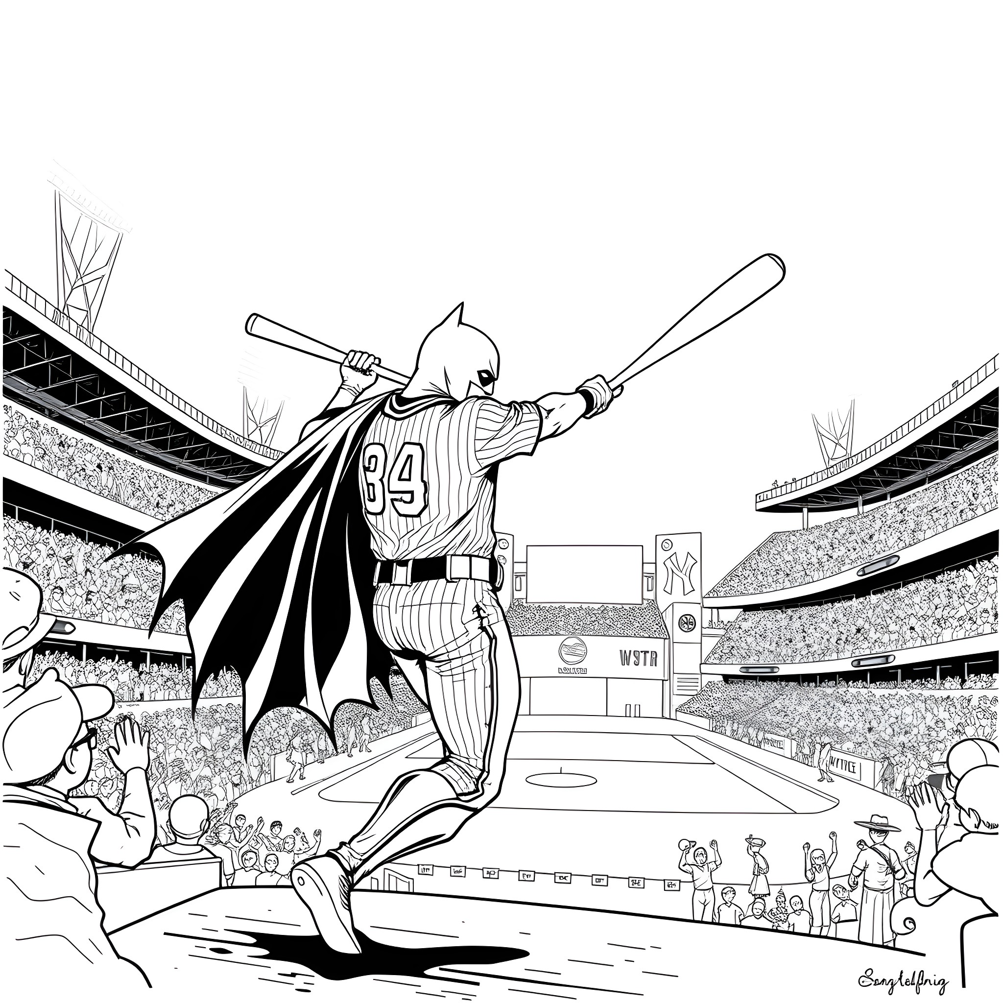 Batman Bats Up for the Big Game Coloring Page (free black-and-white line drawing printable PDF for all, from beginners to advanced learners, including children, teens, adults, and seniors)