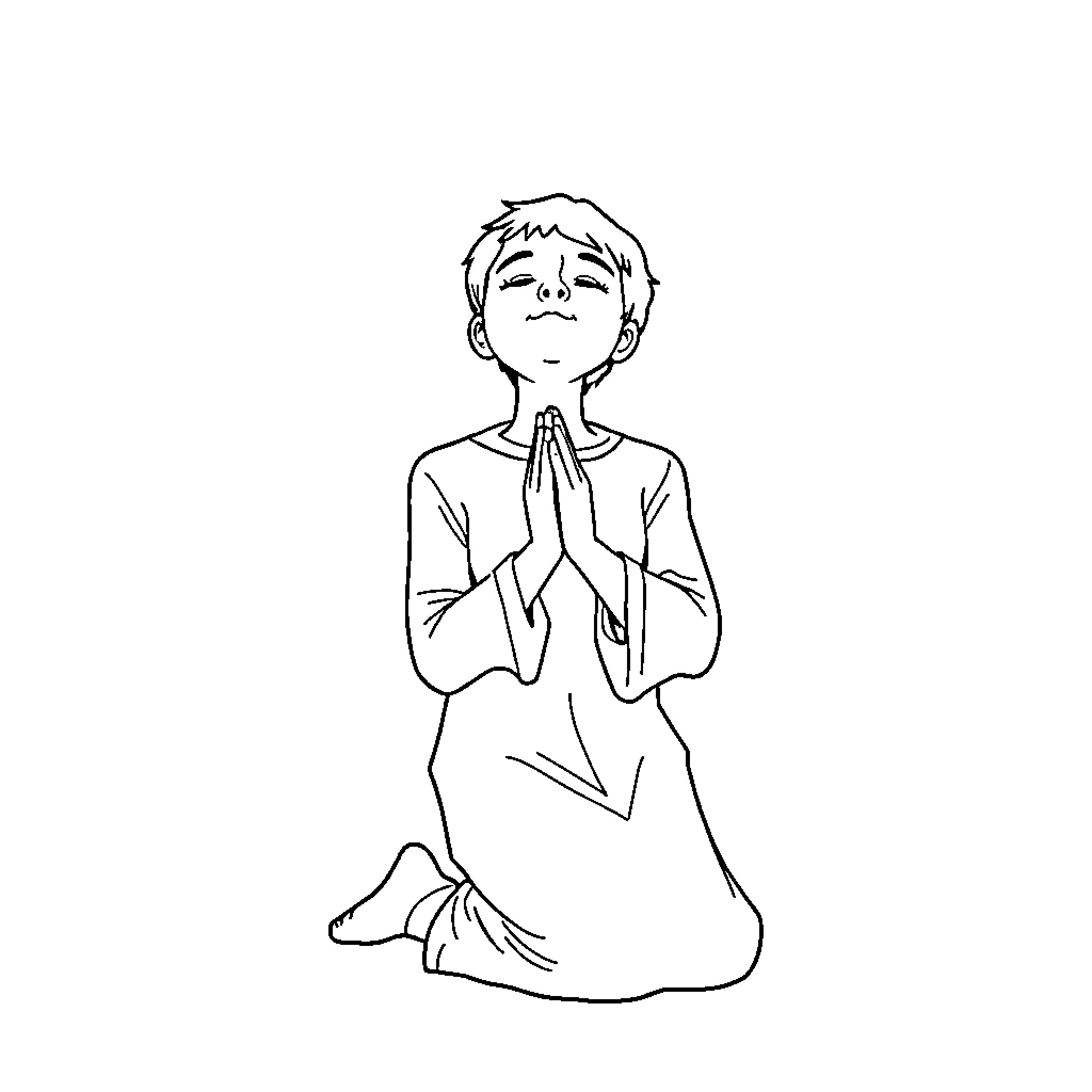 Person kneeling in prayer Coloring Page (free black-and-white line drawing printable PDF for all, from beginners to advanced learners, including children, teens, adults, and seniors)