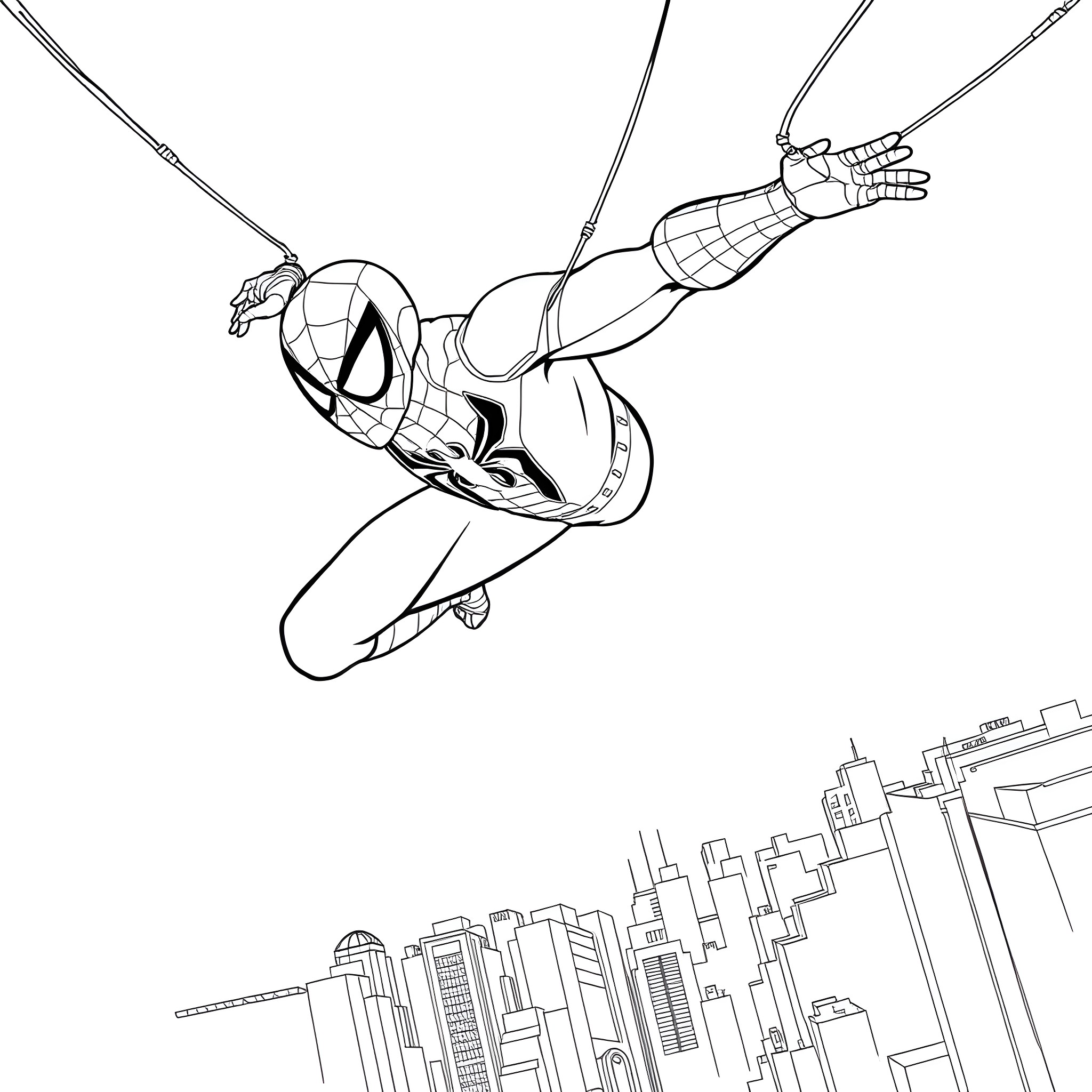 Spider-Man swinging through the city skyline Coloring Page (free black-and-white line drawing printable PDF for all, from beginners to advanced learners, including children, teens, adults, and seniors)