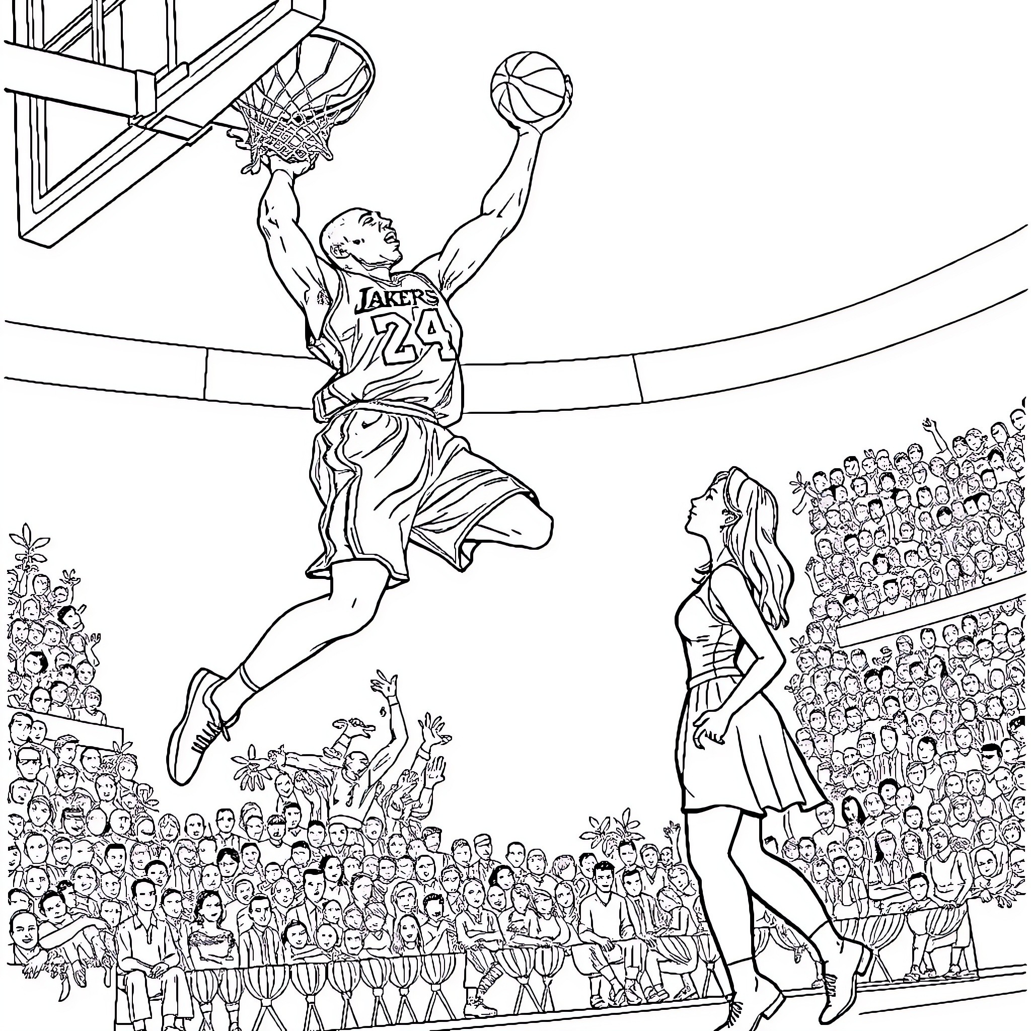 Kobe Bryant making a slam dunk in a basketball game Coloring Page (free black-and-white line drawing printable PDF for all, from beginners to advanced learners, including children, teens, adults, and seniors)