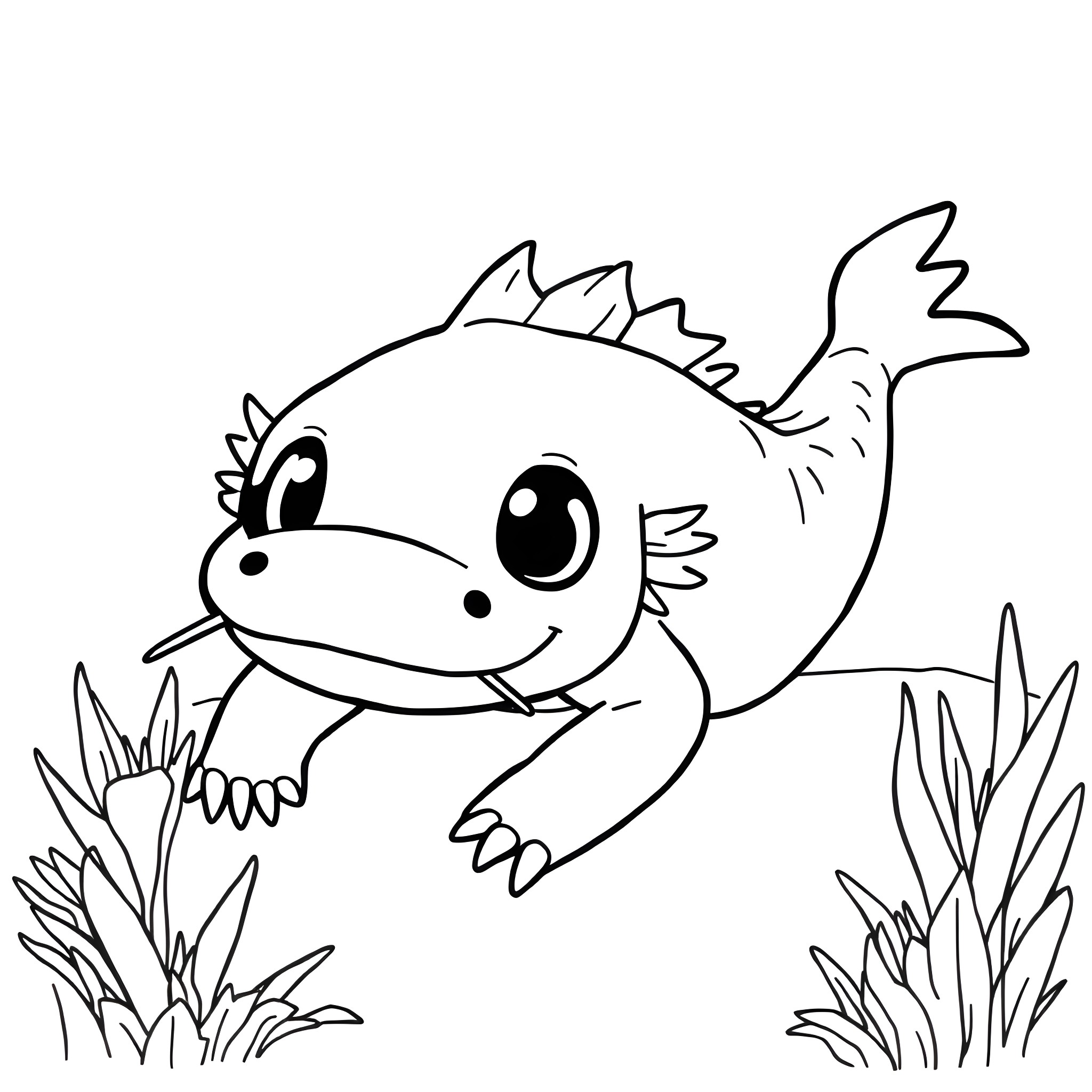 Axolotl swimming happily in nature Coloring Page (free black-and-white line drawing printable PDF for all, from beginners to advanced learners, including children, teens, adults, and seniors)