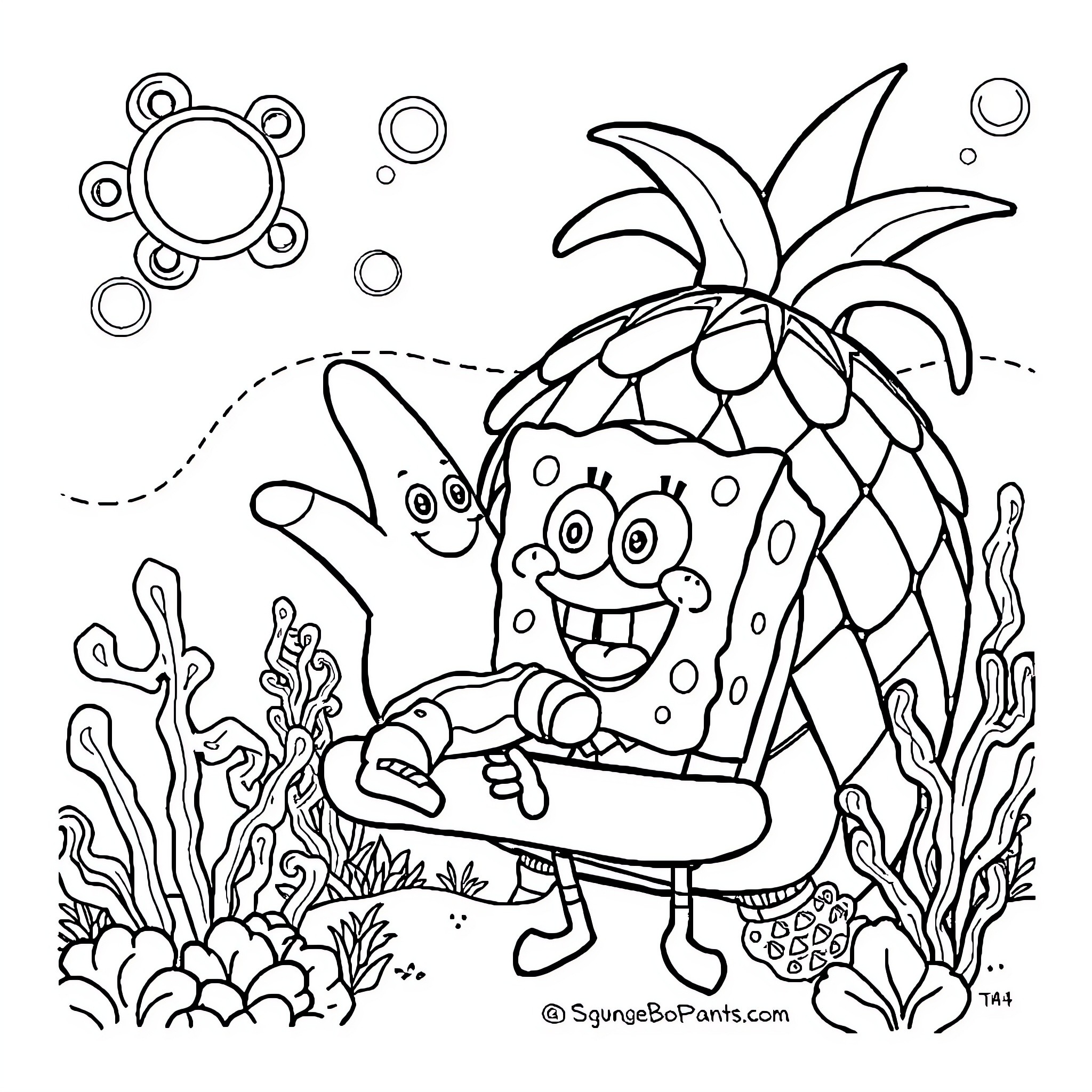 Patrick enjoying the underwater world Coloring Page (free black-and-white line drawing printable PDF for all, from beginners to advanced learners, including children, teens, adults, and seniors)