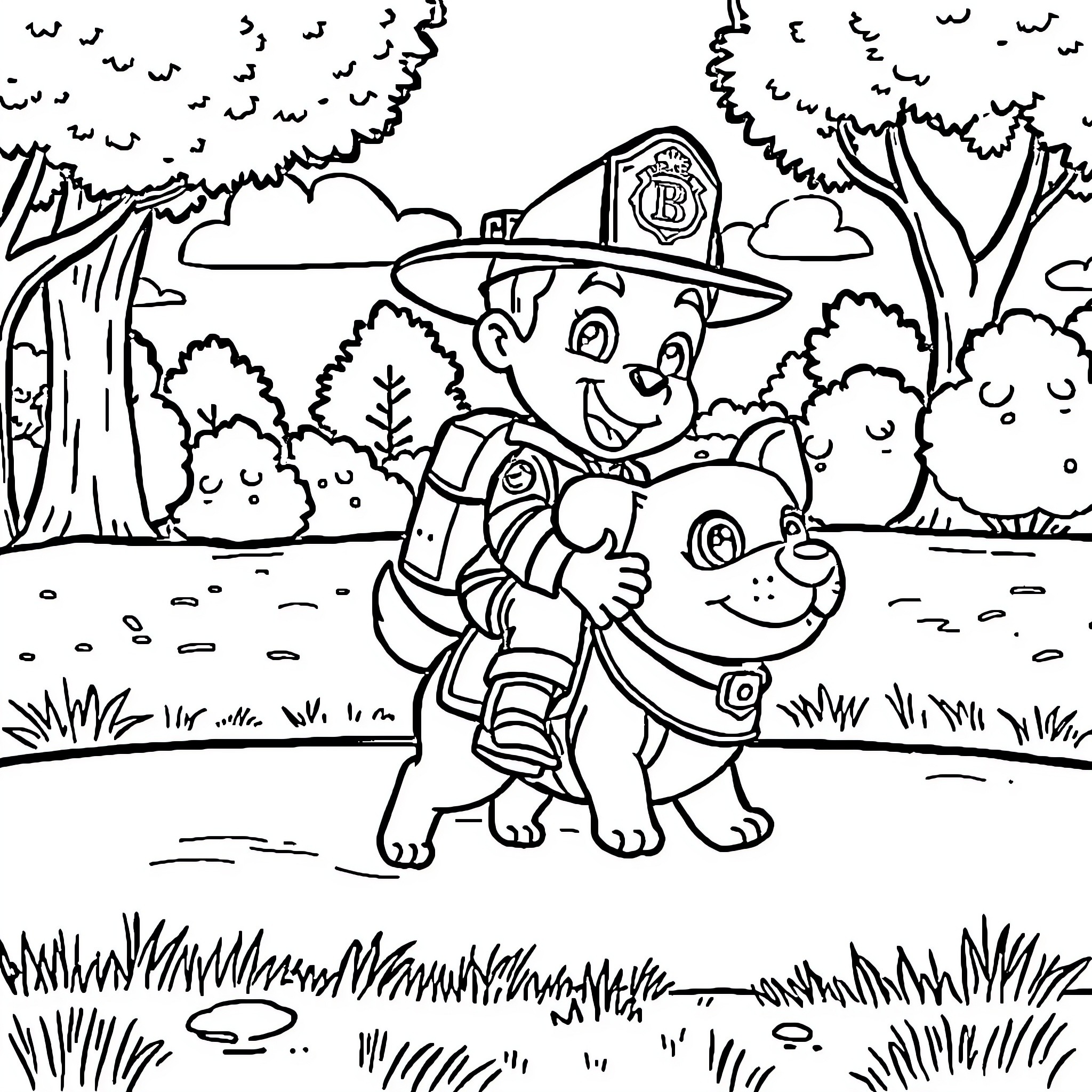 Marshal's Playful Adventure with Loyal Companion Coloring Page (free black-and-white line drawing printable PDF for all, from beginners to advanced learners, including children, teens, adults, and seniors)