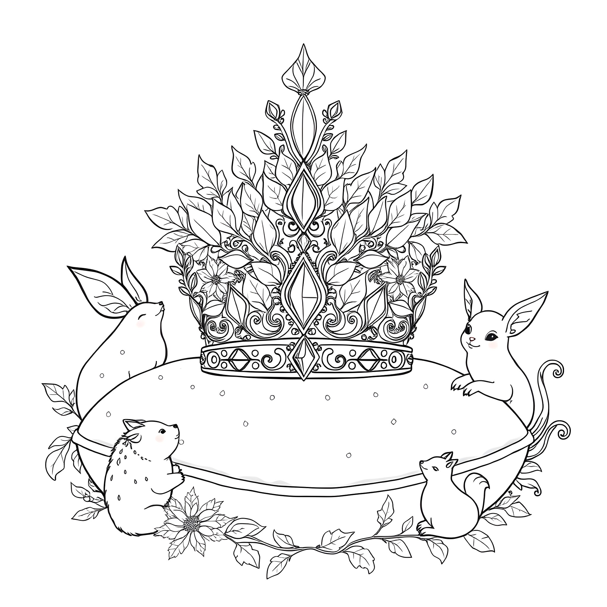 Snow White's crown adorned with forest creatures Coloring Page (free black-and-white line drawing printable PDF for all, from beginners to advanced learners, including children, teens, adults, and seniors)