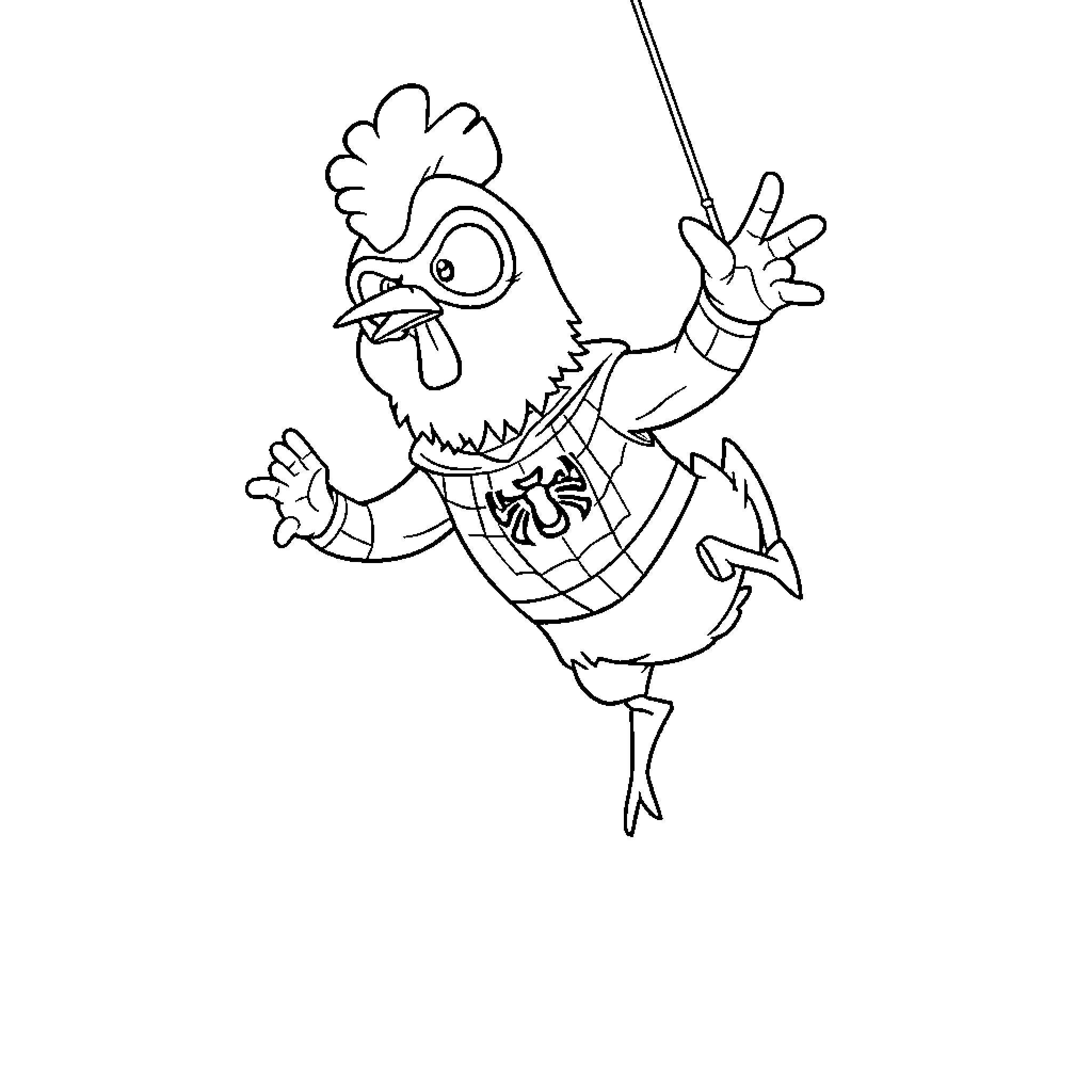 Spider-Man the Silly Chicken in Action Coloring Page (free black-and-white line drawing printable PDF for all, from beginners to advanced learners, including children, teens, adults, and seniors)