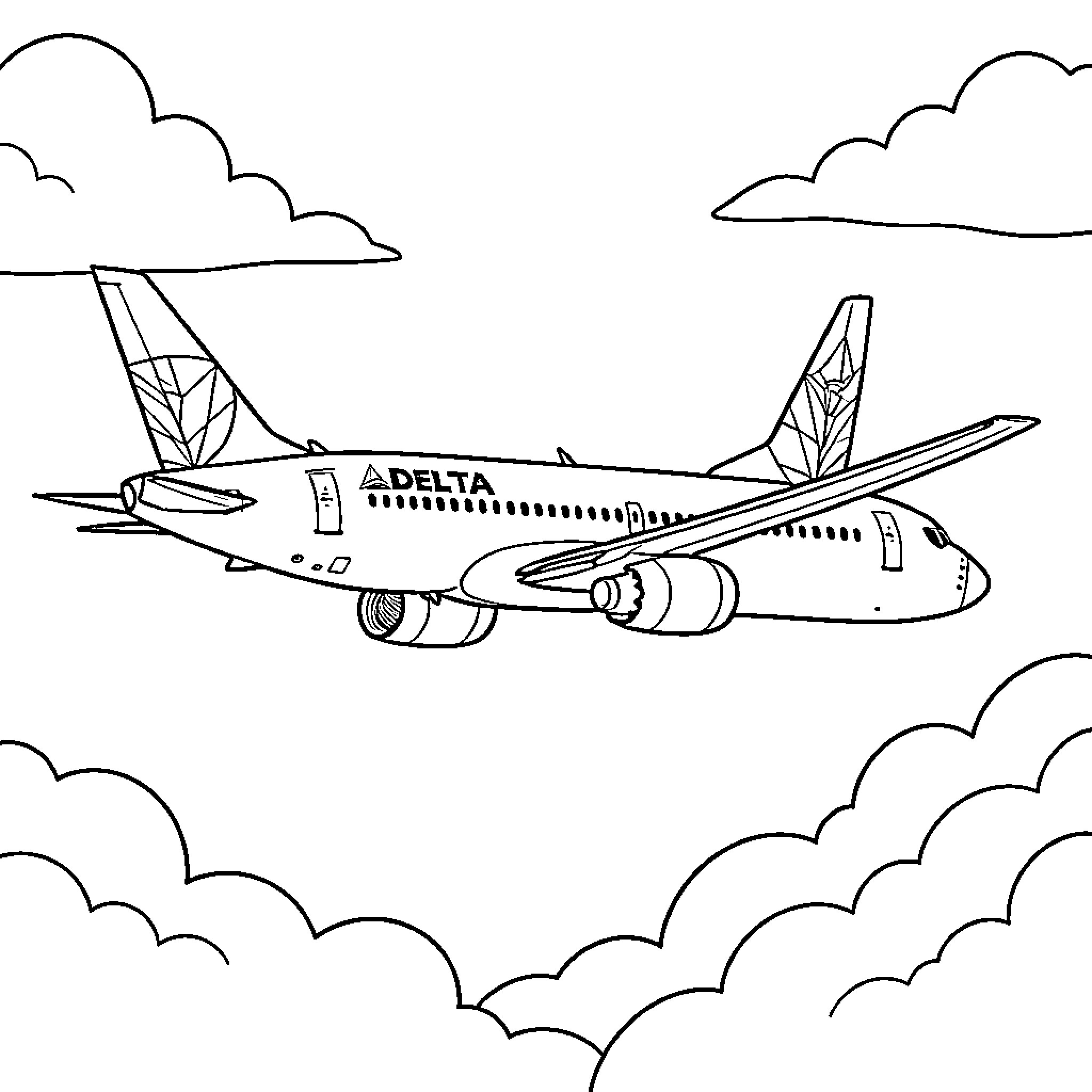 Boeing 737 passenger jet in flight amid clouds Coloring Page (free black-and-white line drawing printable PDF for all, from beginners to advanced learners, including children, teens, adults, and seniors)