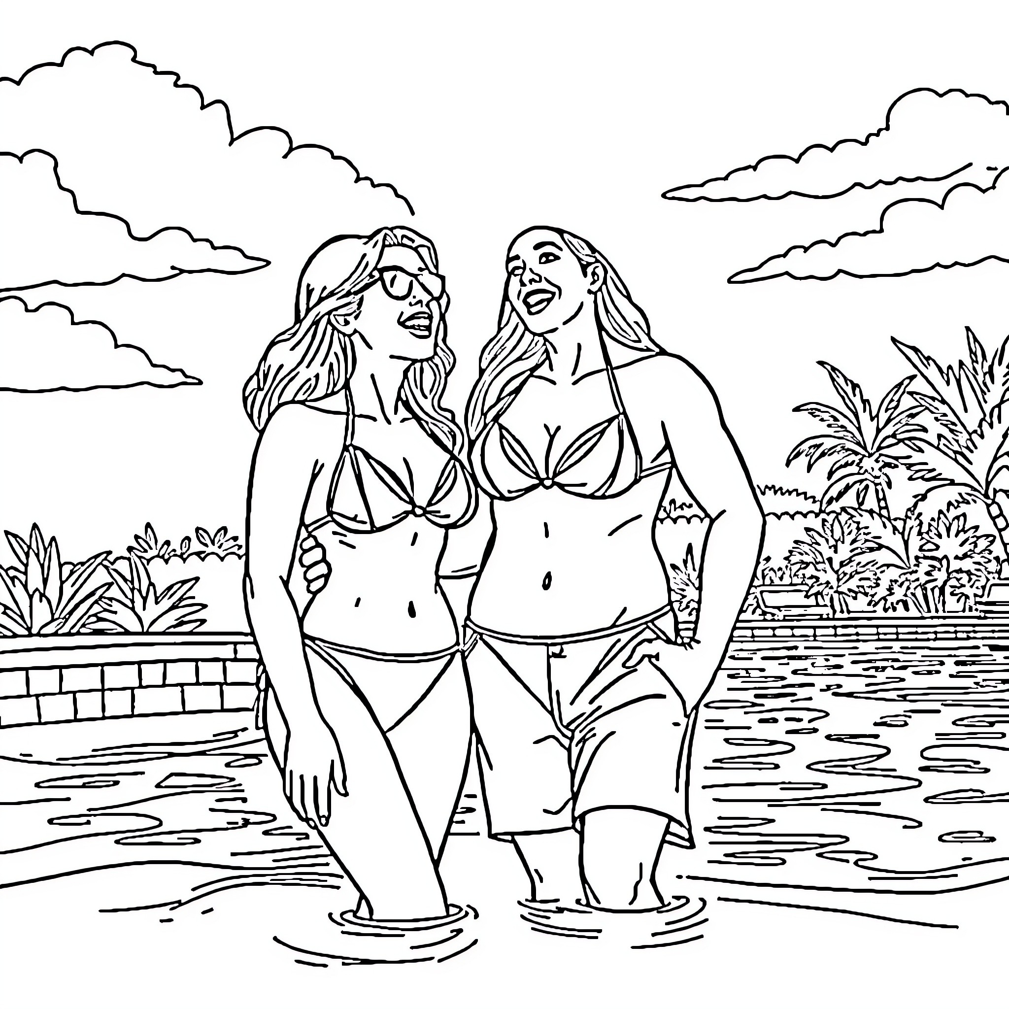 Mom and daughter enjoying vacation at beach Coloring Page (free black-and-white line drawing printable PDF for all, from beginners to advanced learners, including children, teens, adults, and seniors)