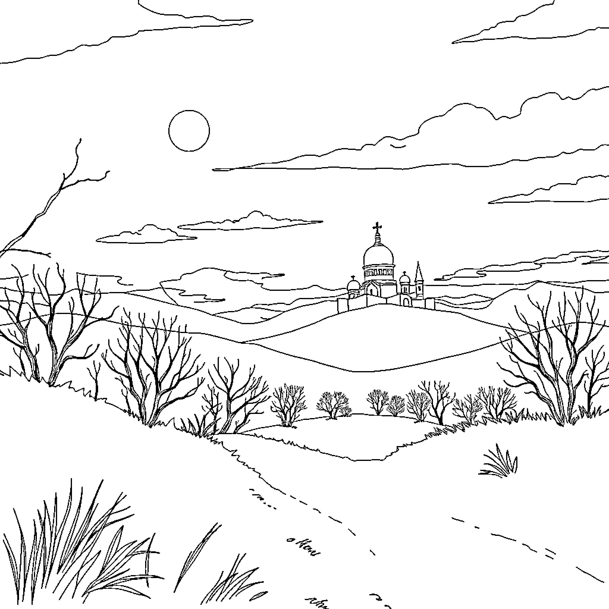 Scene of a countryside landscape with a church in the distance Coloring Page (free black-and-white line drawing printable PDF for all, from beginners to advanced learners, including children, teens, adults, and seniors)
