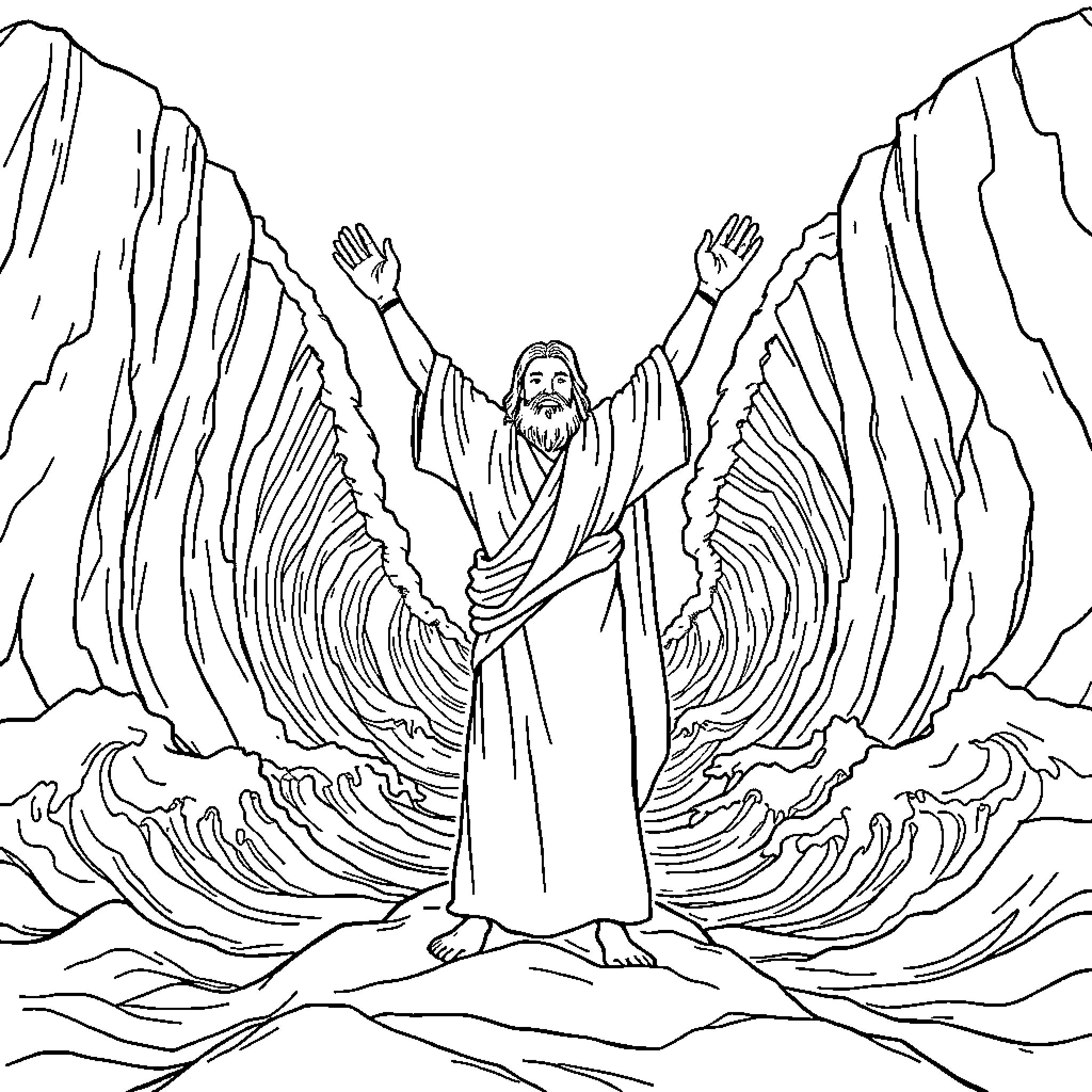Moses parts the seas with outstretched arms Coloring Page (free black-and-white line drawing printable PDF for all, from beginners to advanced learners, including children, teens, adults, and seniors)