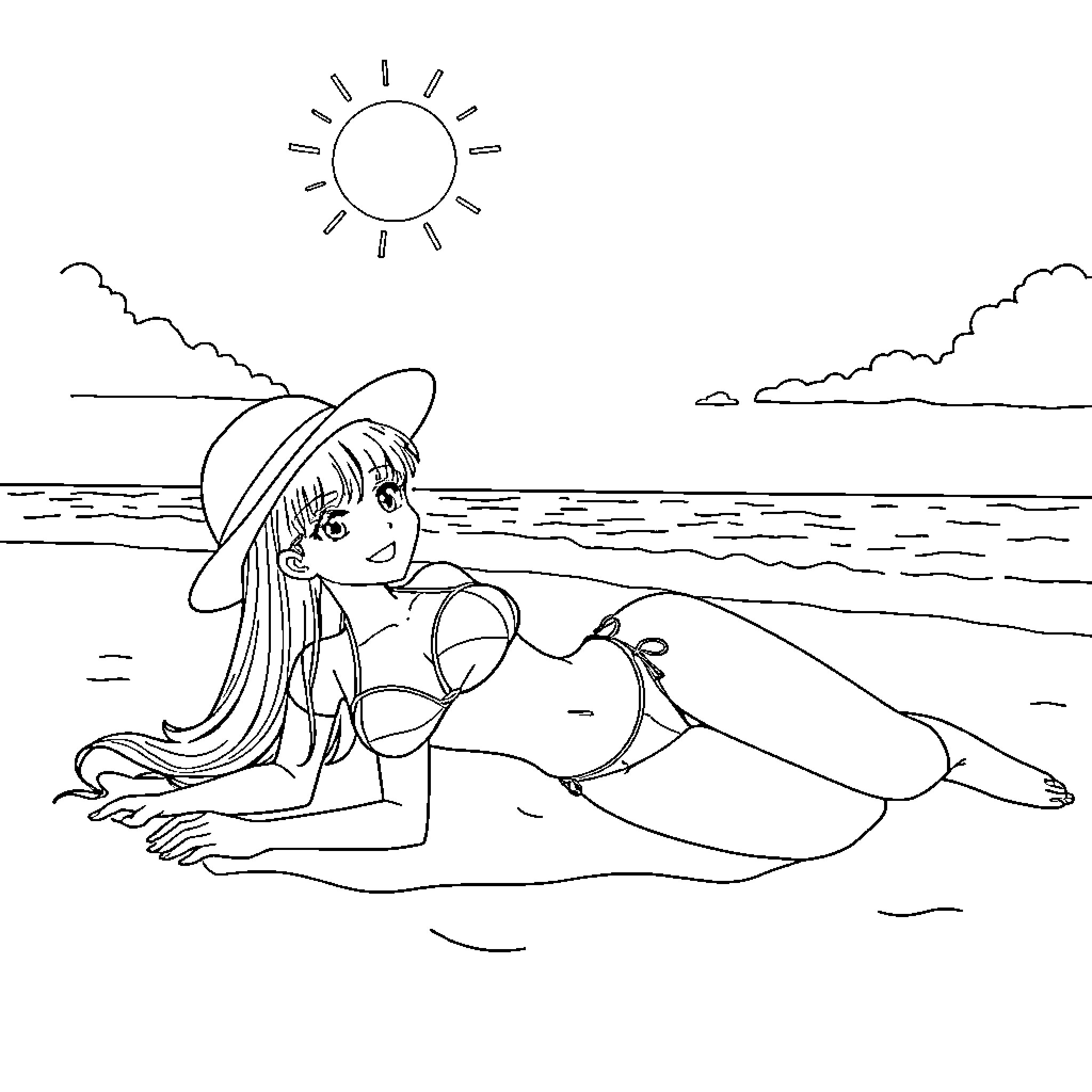 Hinata enjoys a relaxing day at the beach Coloring Page (free black-and-white line drawing printable PDF for all, from beginners to advanced learners, including children, teens, adults, and seniors)